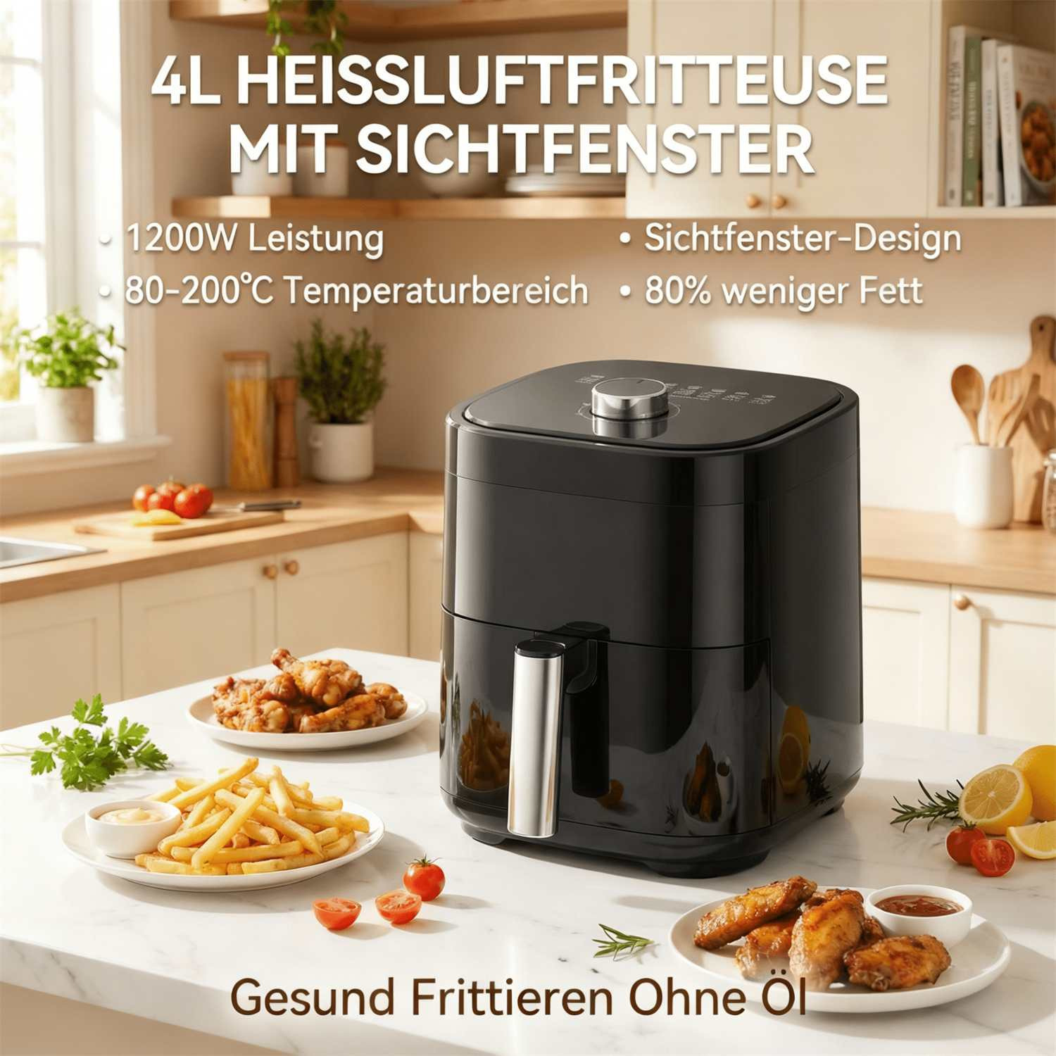 Eine schwarze Heißluftfritteuse steht auf einer Marmorarbeitsplatte, daneben Essen.