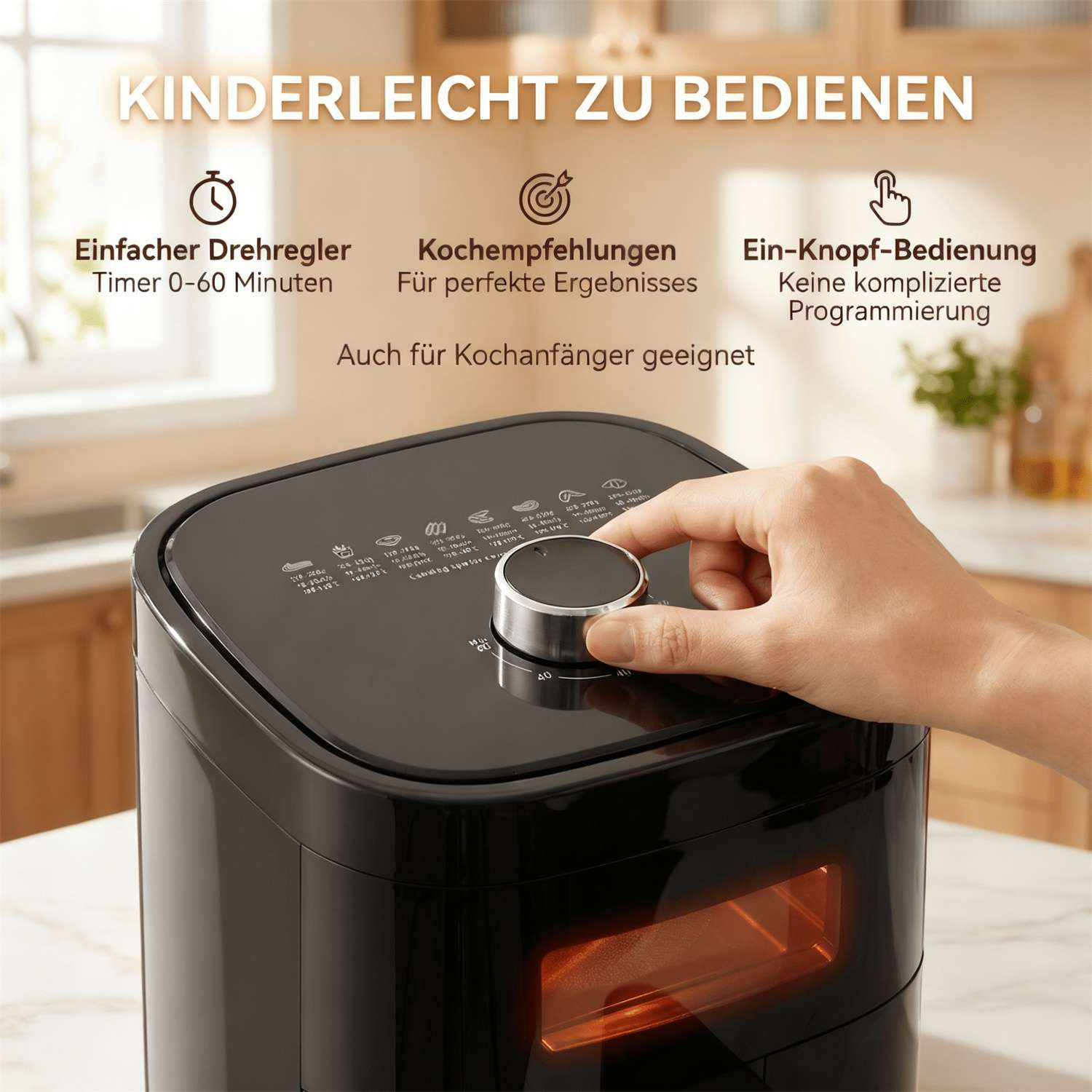 Ein schwarzer Airfryer mit Bedienungsanleitung und einer Hand, die den Drehregler einstellt.