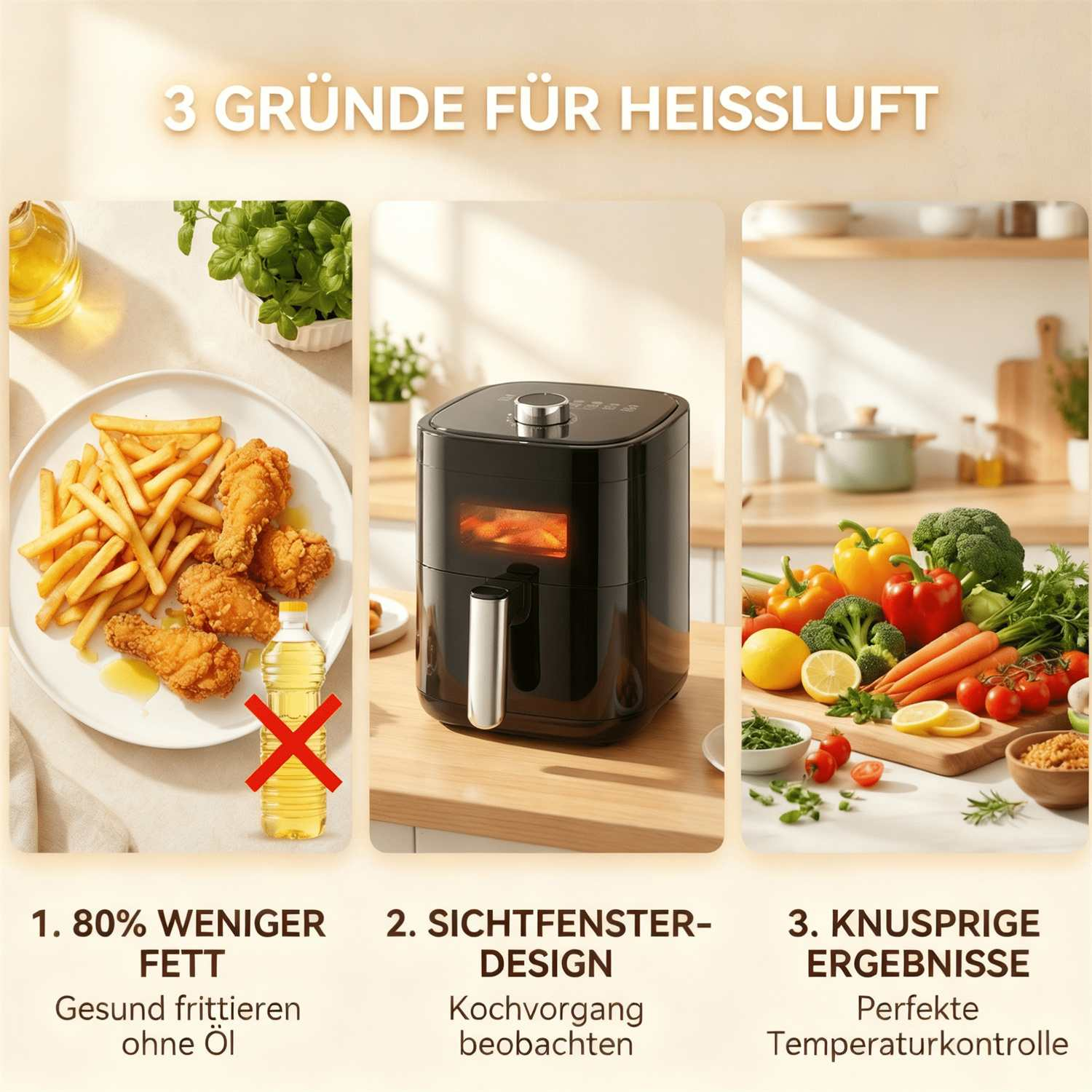 Drei Gründe für Heißluftfritteusen: Weniger Fett, Sichtfenster, knusprige Ergebnisse.