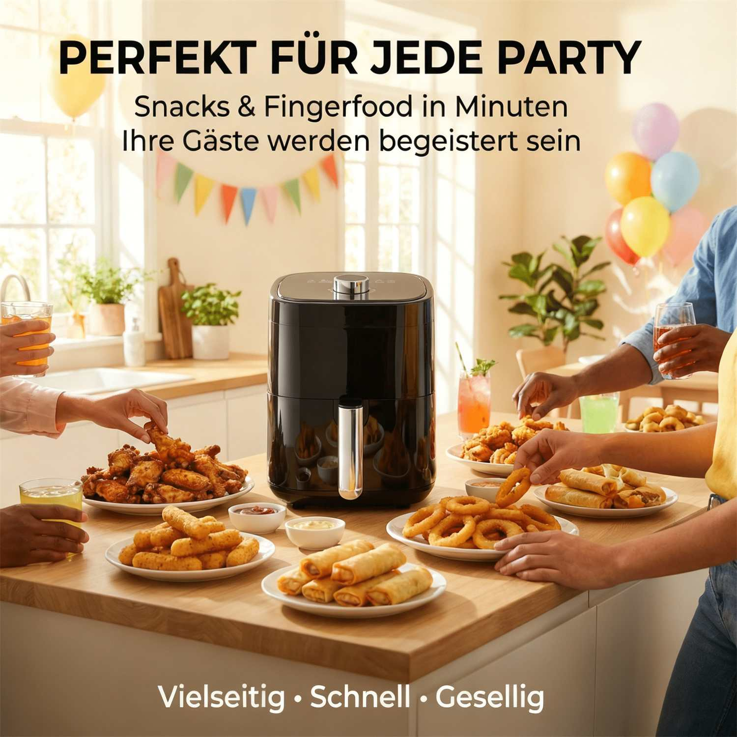 Eine Luftfritteuse steht auf einer Küchentheke, daneben sind verschiedene Snacks und Getränke.