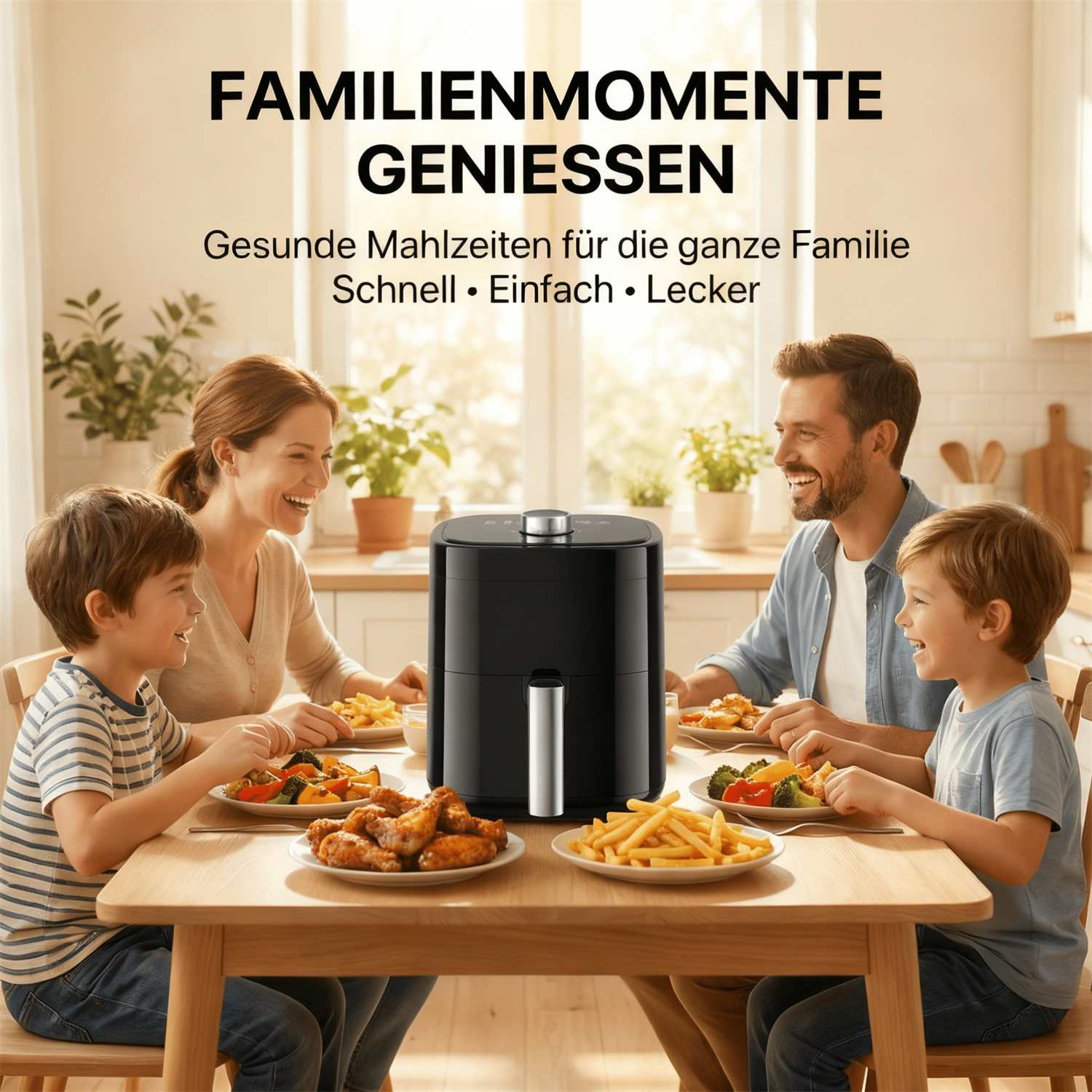 Eine Familie genießt eine Mahlzeit mit Hähnchen, Pommes und Gemüse aus einem Airfryer.