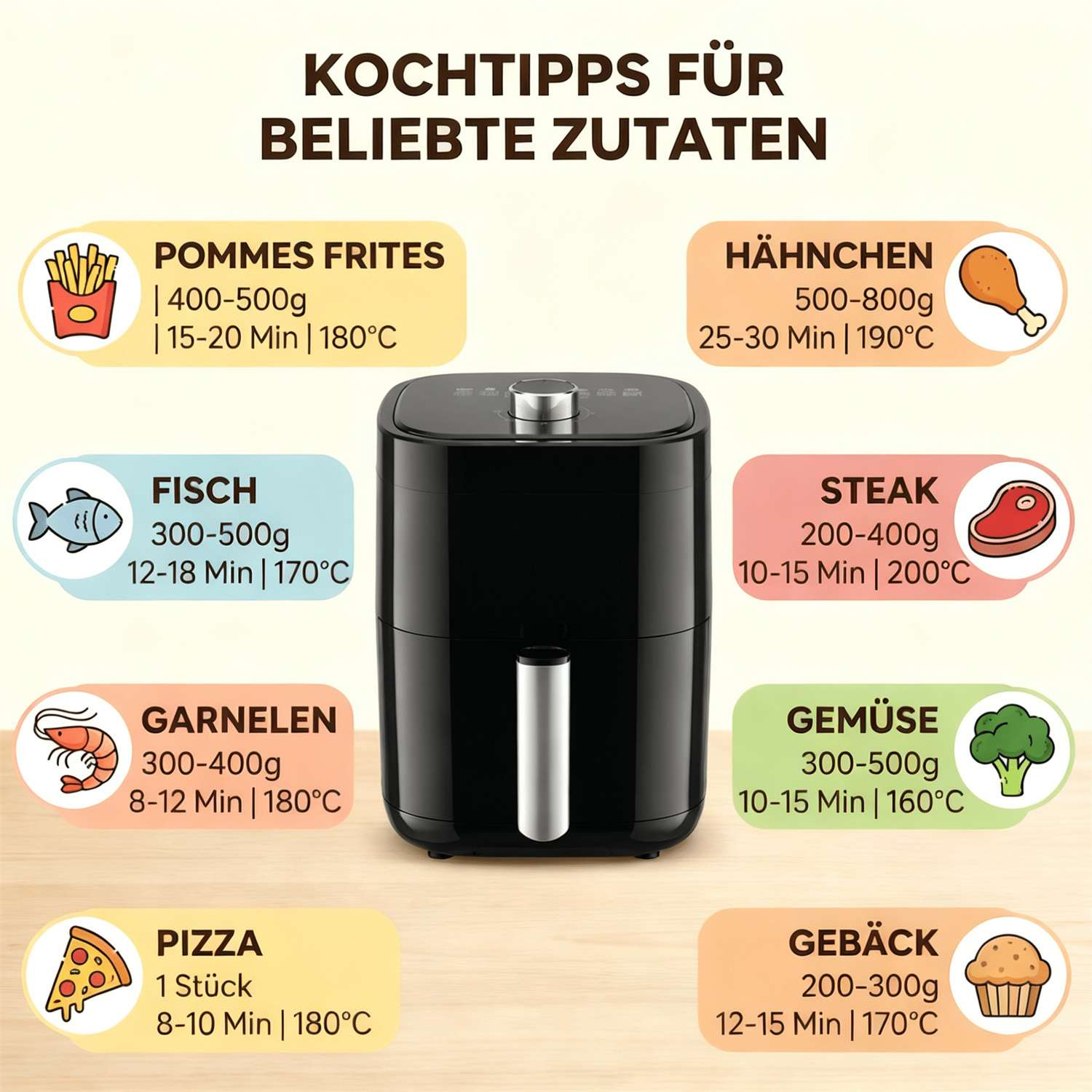 Airfryer mit Kochtipps für Pommes, Hähnchen, Fisch, Steak, Garnelen, Pizza, Gemüse, Gebäck.
