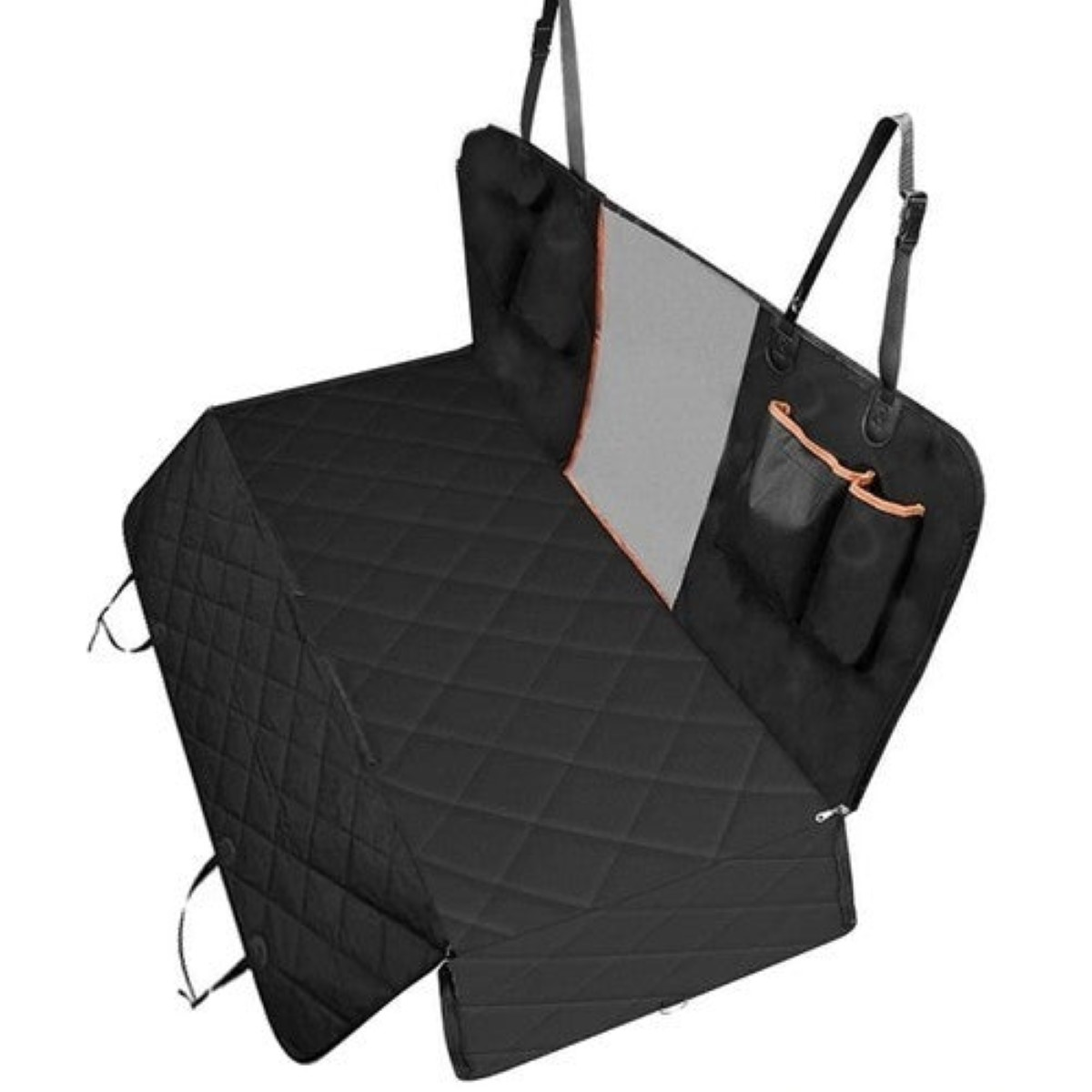 Funda negra acolchada para asiento de coche para mascotas.