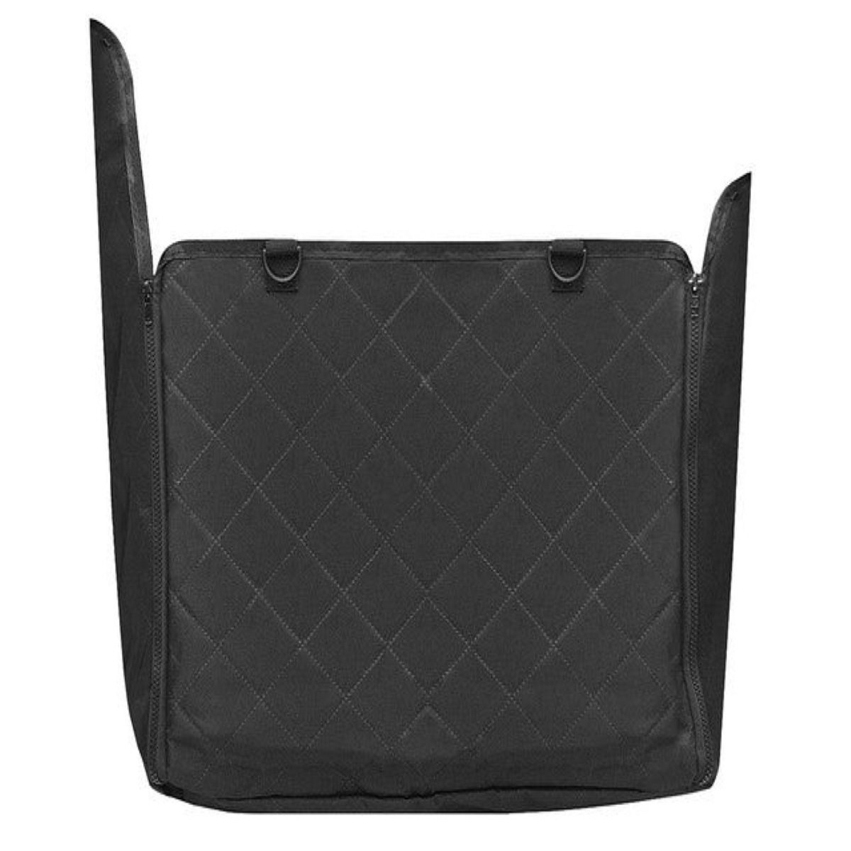 Bolsa negra acolchada con anillas en D y cremalleras.