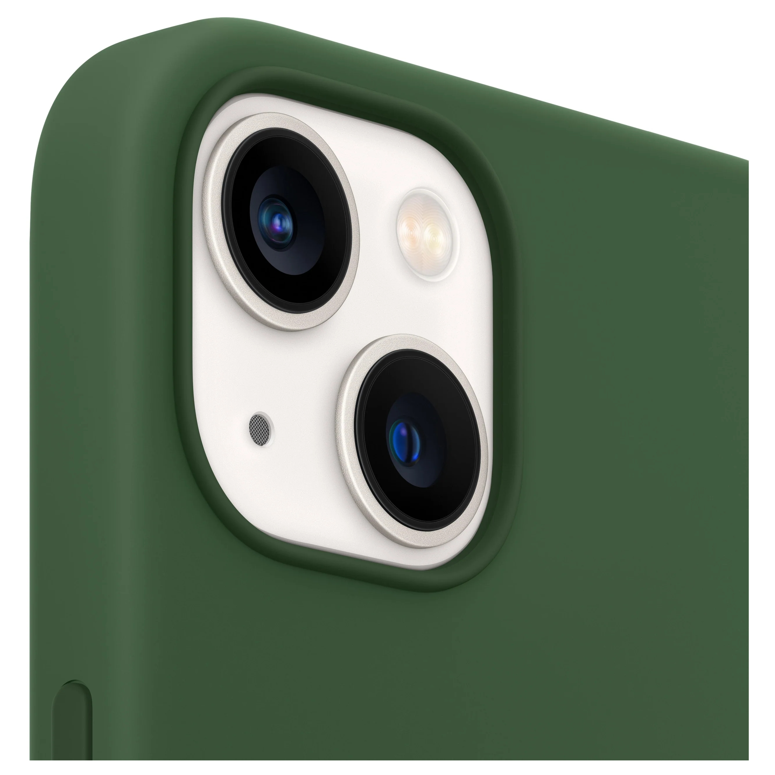 Close-up van de achterkant van een groene telefoonhoes met cameramodule.