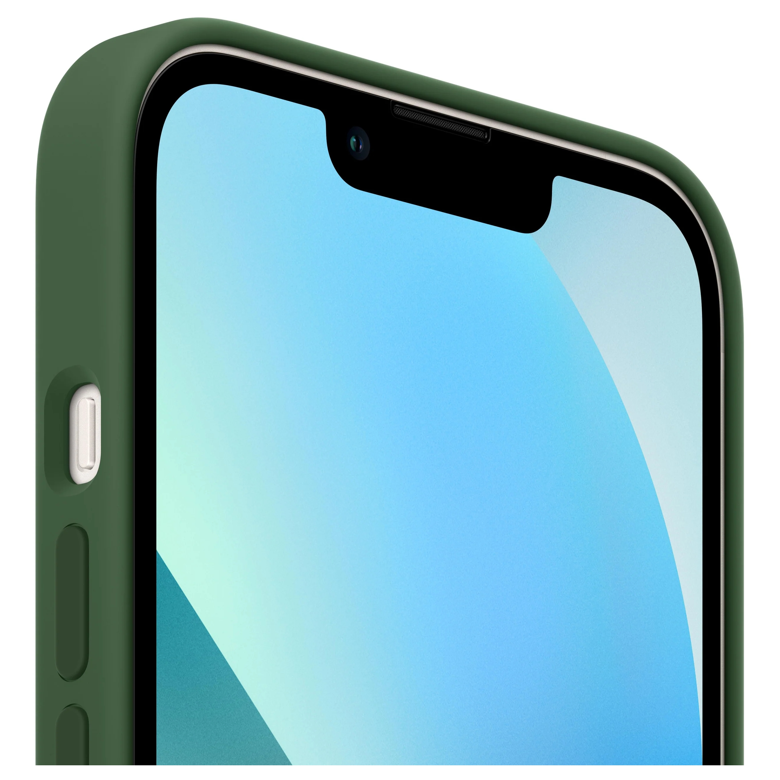 Een groene iPhone-hoes bedekt de zijkant van een smartphone. Close-up.