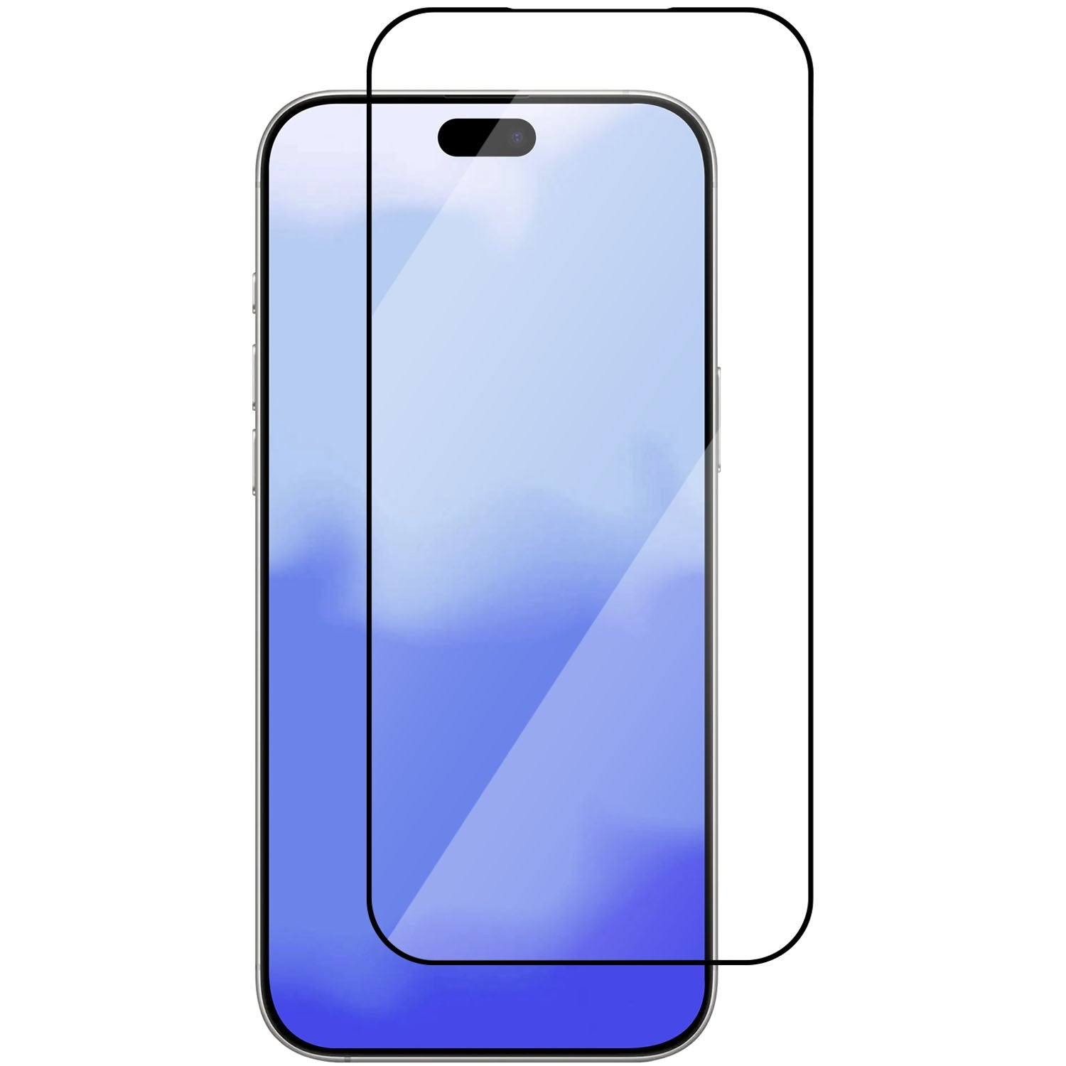Un protector de pantalla de vidrio para smartphone con borde negro sobre fondo blanco.