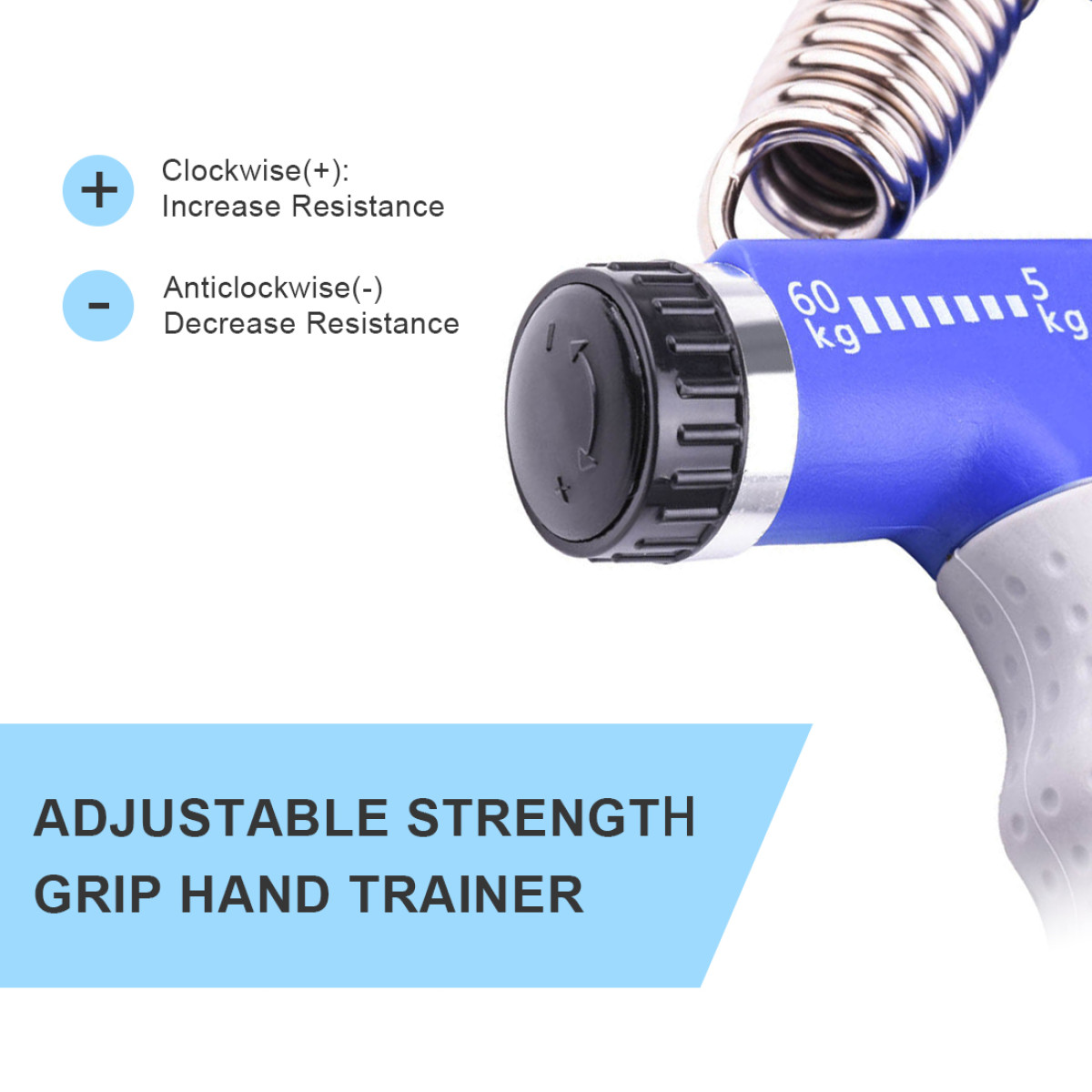 Blauwe handtrainer met instelbare weerstand en veer.