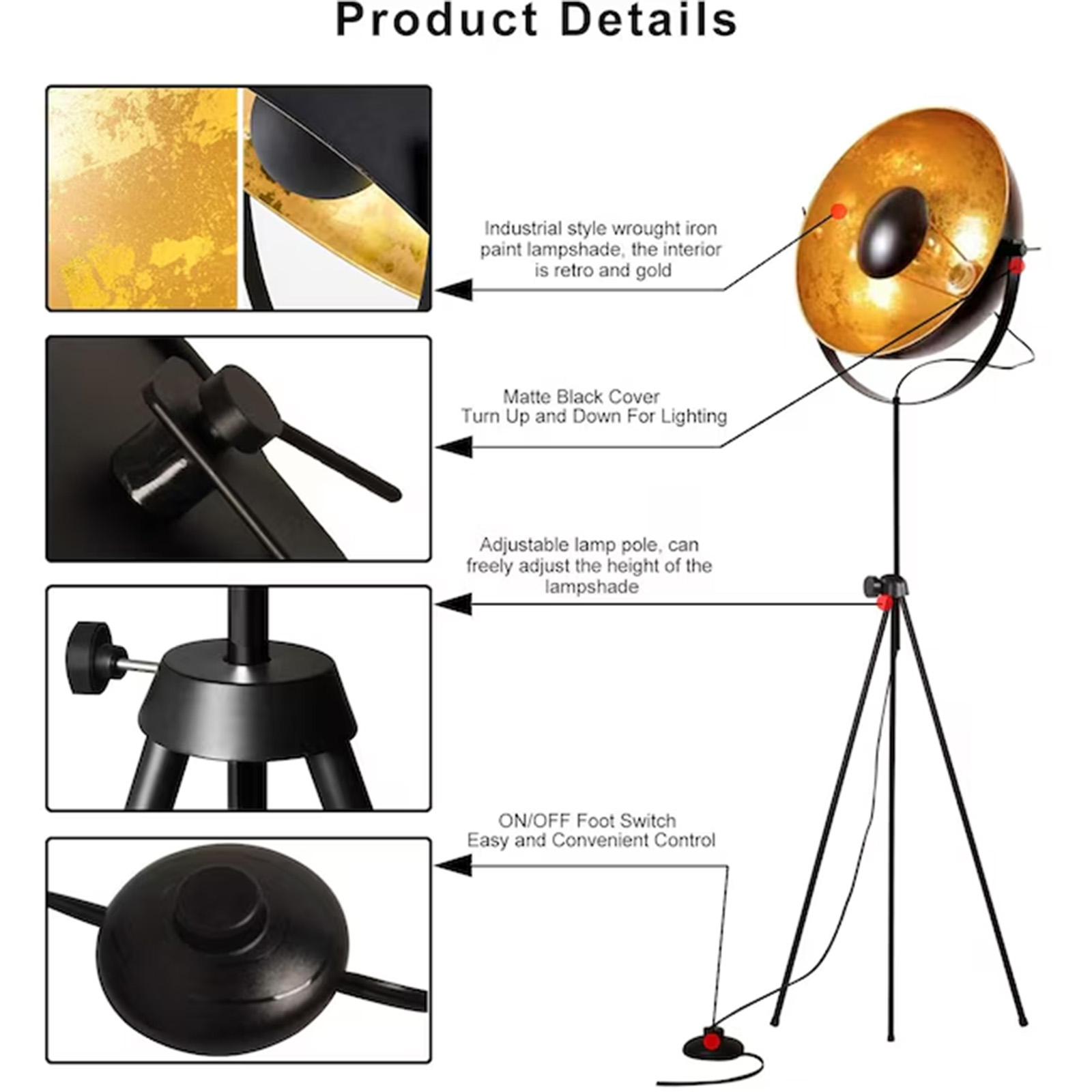 Lámpara de pie industrial con trípode ajustable, pantalla dorada y interruptor de pie.