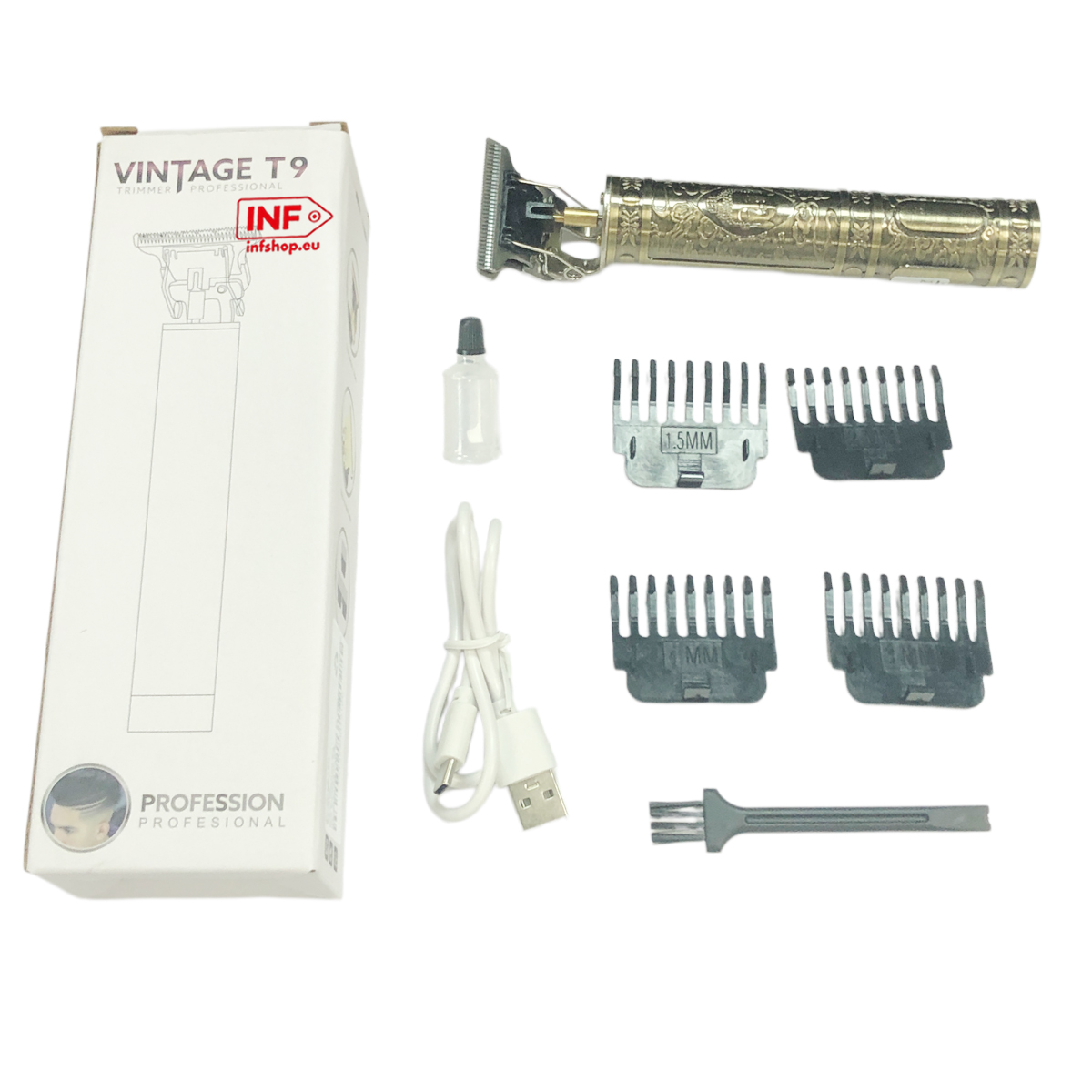 Złota maszynka do strzyżenia z akcesoriami: buteleczka z olejem, kabel USB, 4 nasadki i szczoteczka.
