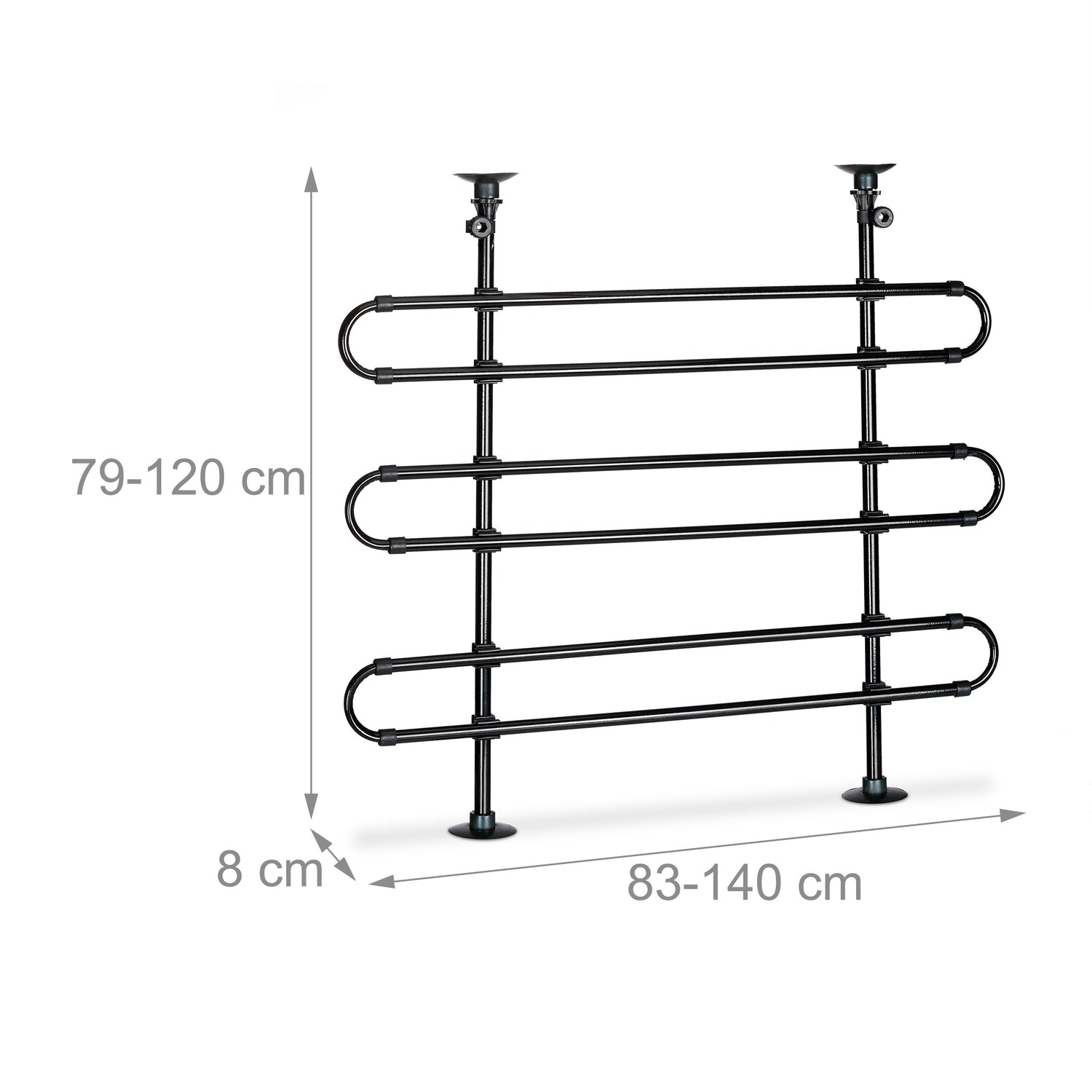 Barrera de seguridad metálica negra ajustable con ventosas.