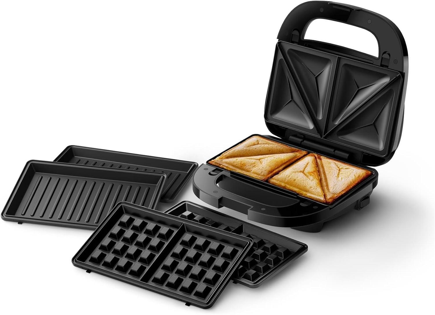 Schwarzer Sandwichmaker mit zwei Toastbroten und austauschbaren Platten.