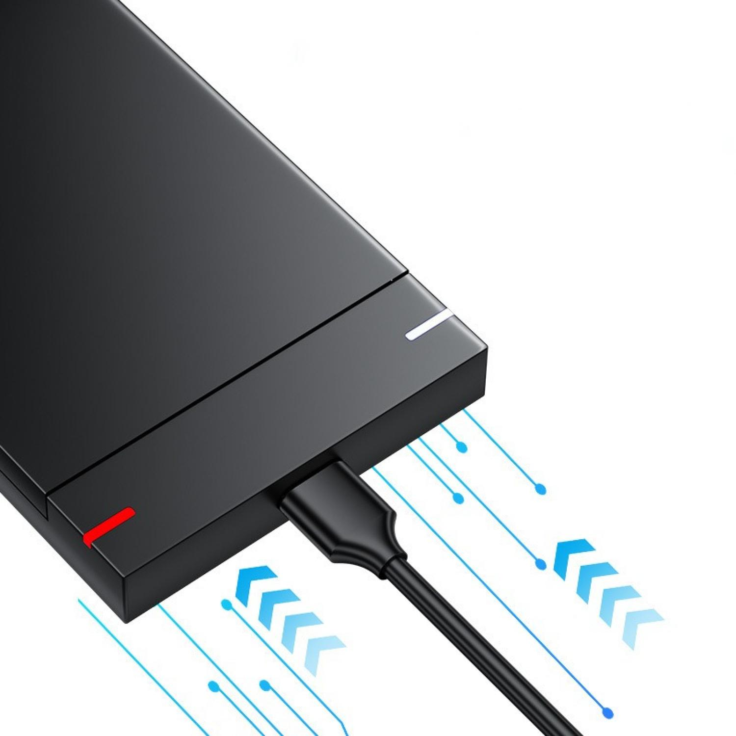 Schwarze externe Festplatte via USB-C angeschlossen, mit roten und weißen Lämpchen.