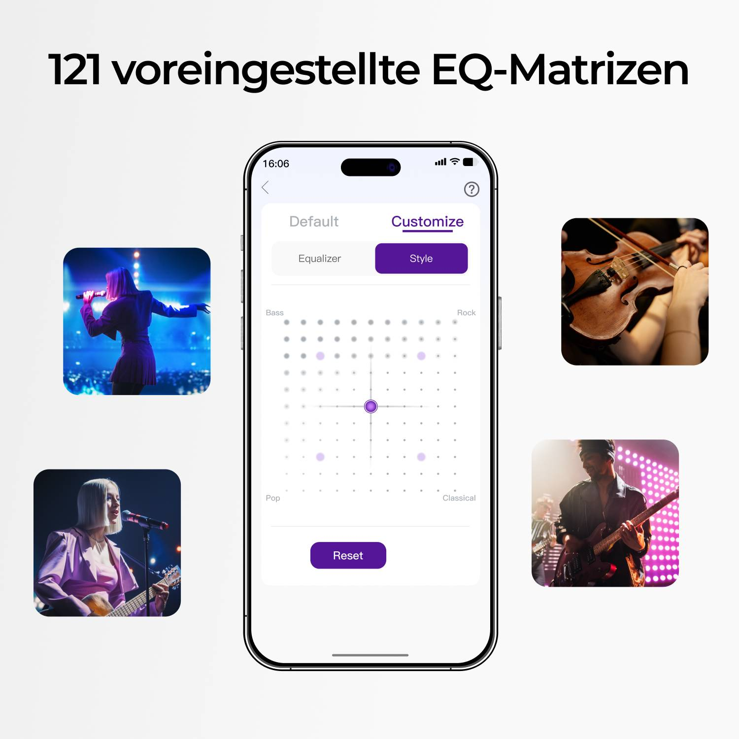 L'app mostra la matrice EQ con musicisti: cantante, violinista, chitarrista.