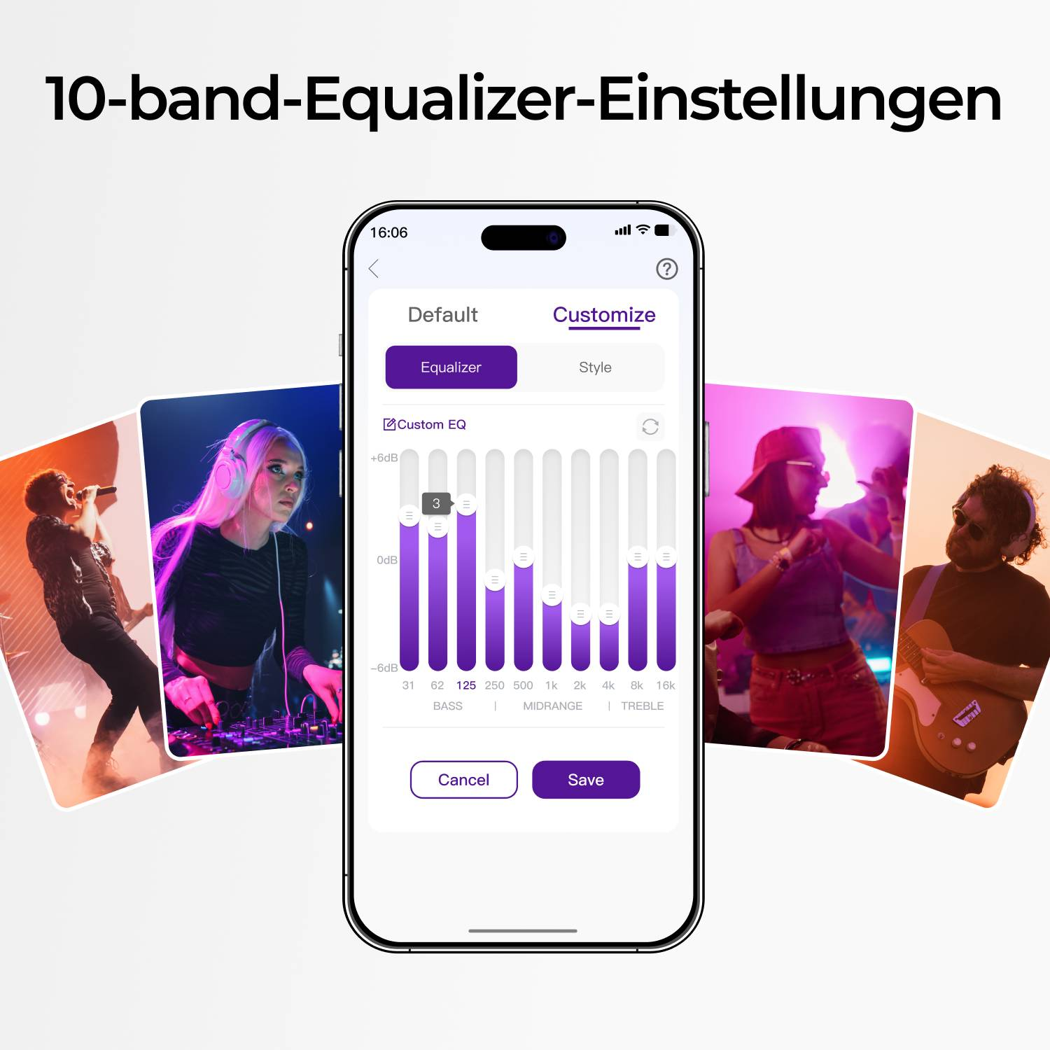 Smartphone mostra impostazioni equalizzatore a 10 bande con livelli visivi e musicisti sullo sfondo.