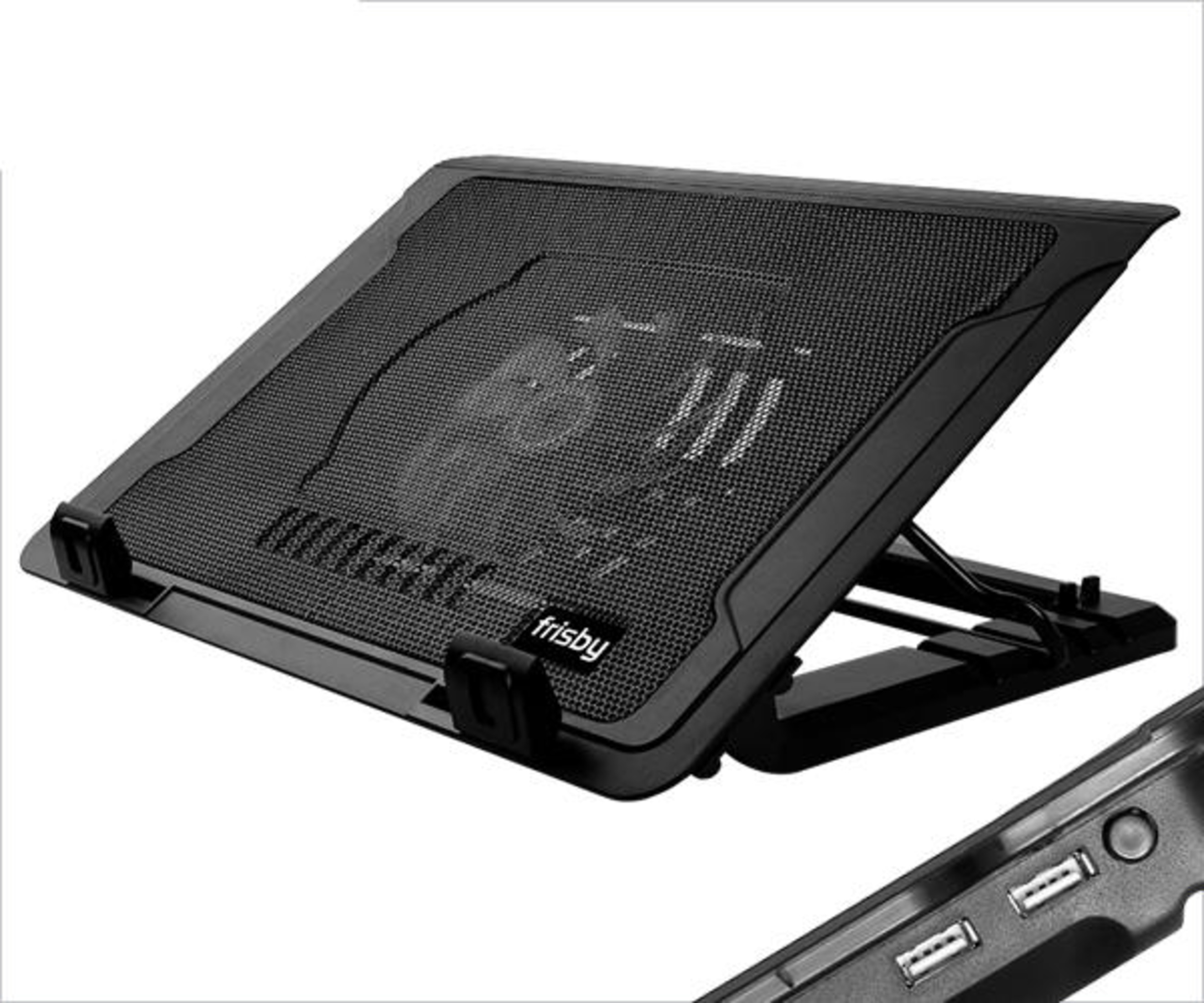 Siyah laptop soğutucu, USB portlu ve fanlı, Frisby markalı.