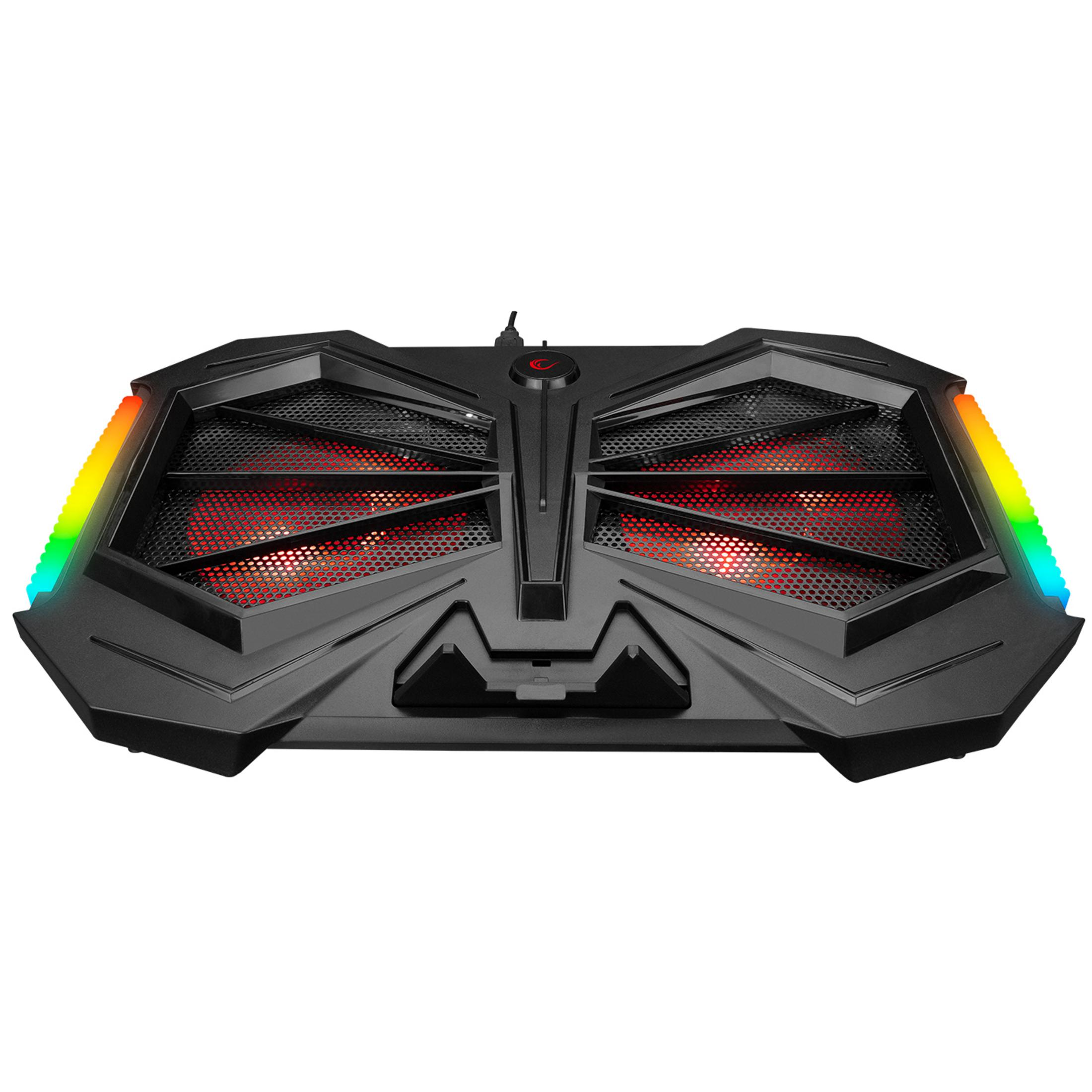 RGB aydınlatmalı ve iki fanlı siyah dizüstü bilgisayar soğutucu.