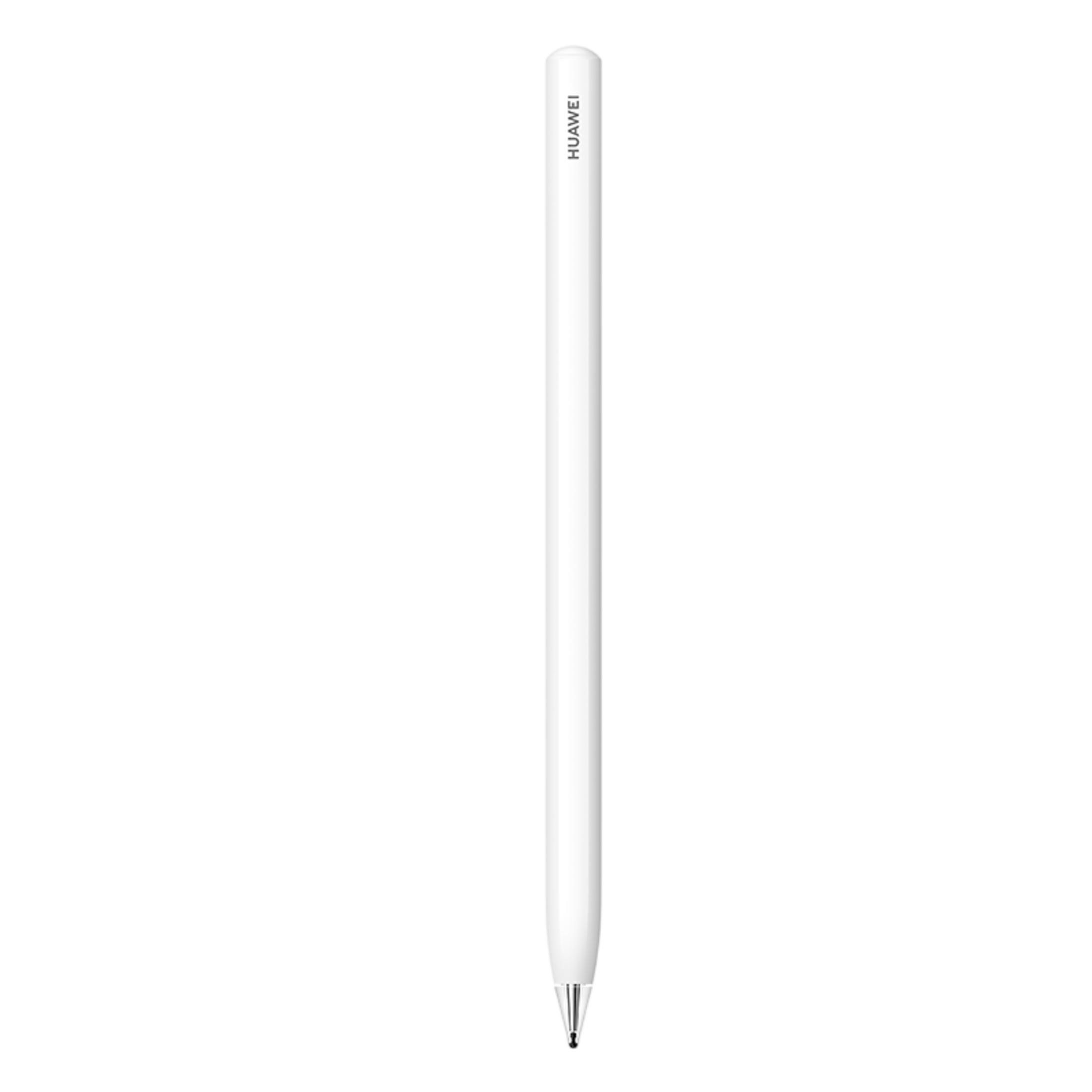 Una penna stilo Huawei bianca con punta argentata su sfondo bianco.