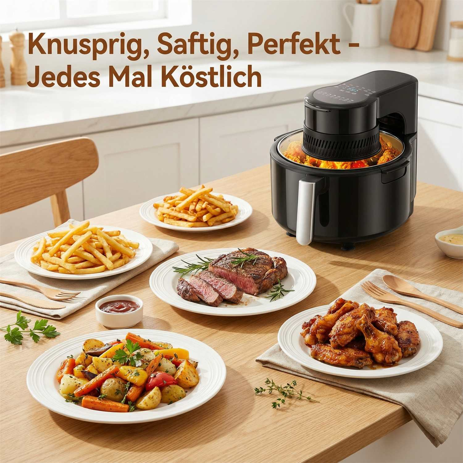 Ein schwarzer Heißluftfritteuse neben Tellern mit Pommes, Steak, Hähnchenflügeln und Gemüse.