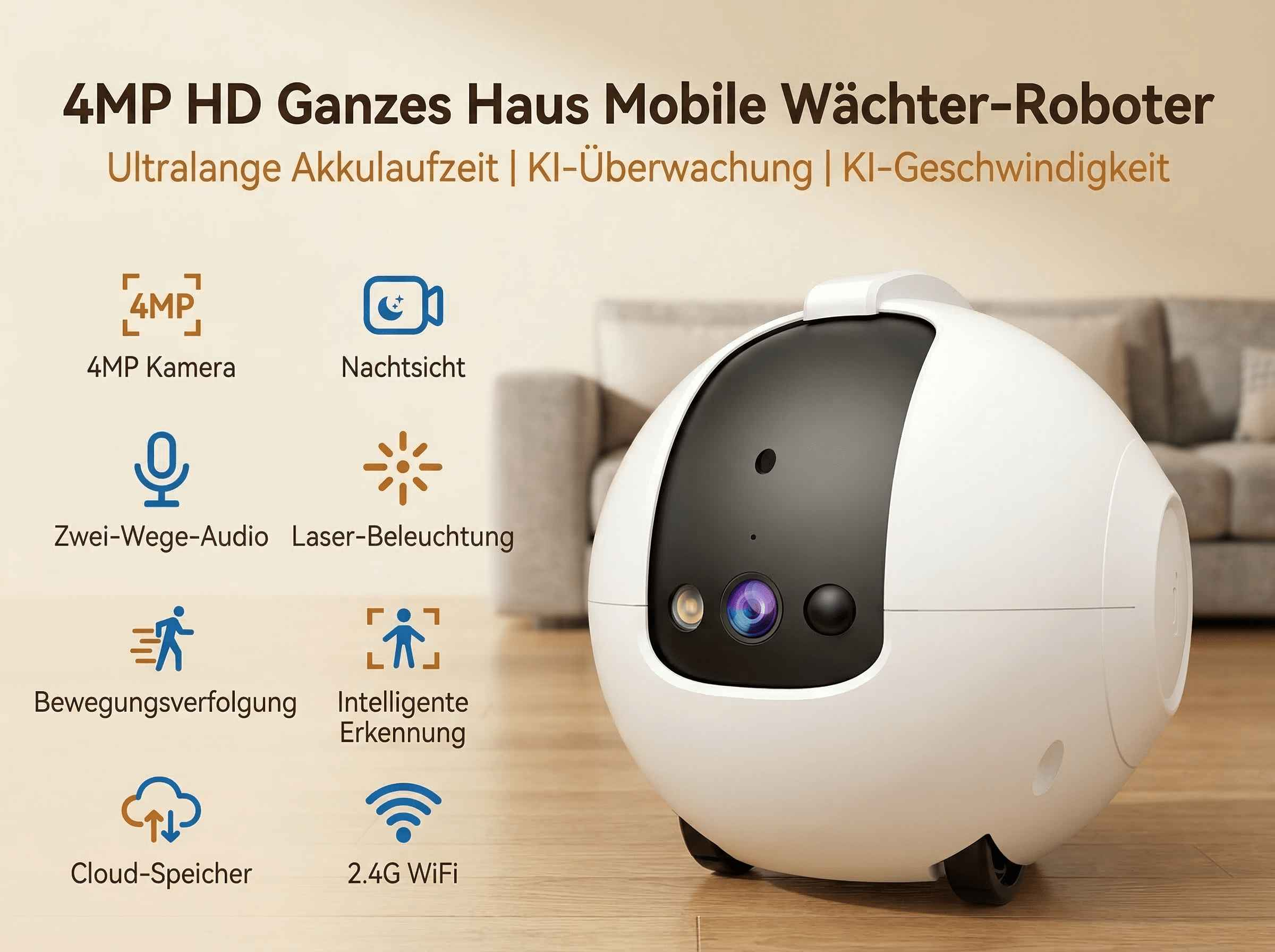 Ein weißer Roboter mit Kamera und Icons für 4MP, Nachtsicht, Audio, Bewegungserkennung.