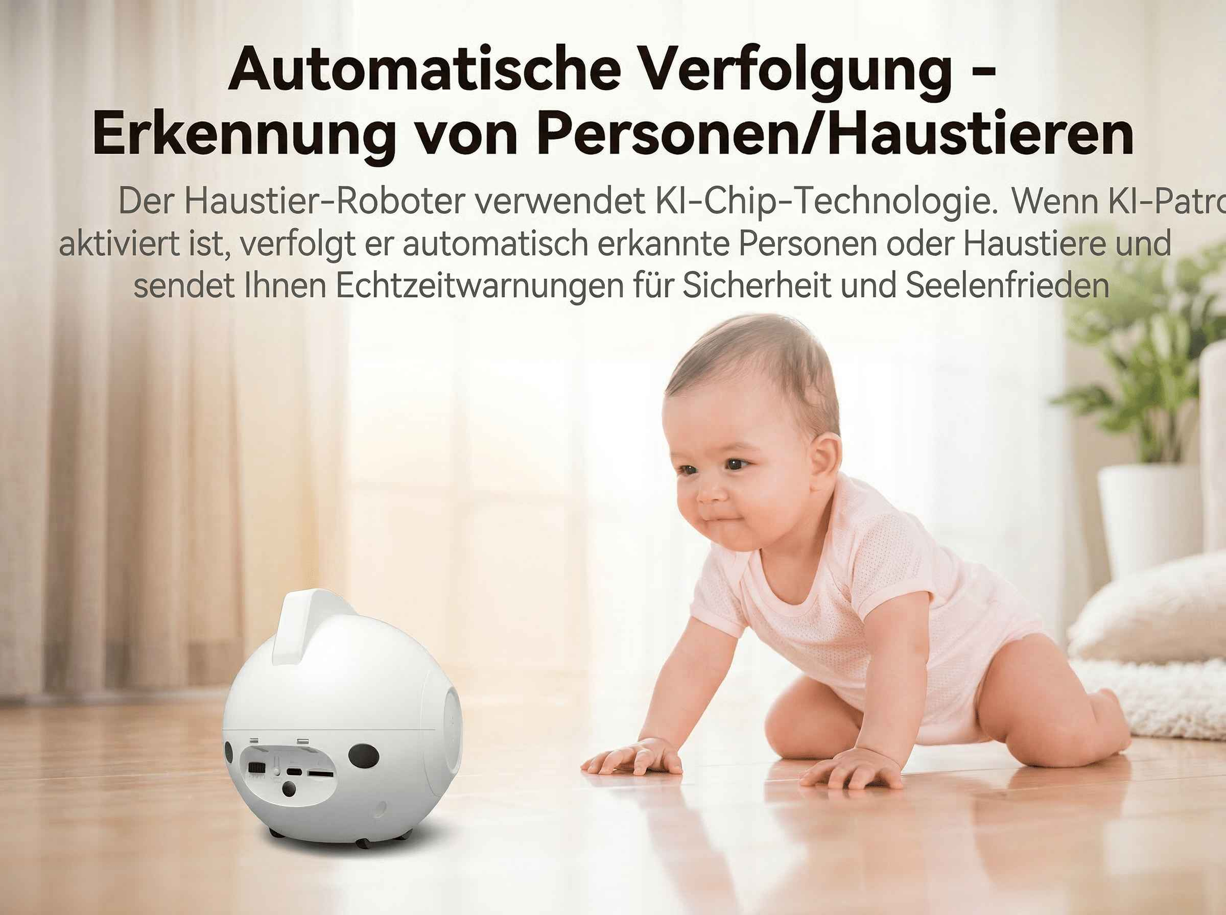 Ein Baby krabbelt auf einem Holzboden neben einem weißen Roboter.