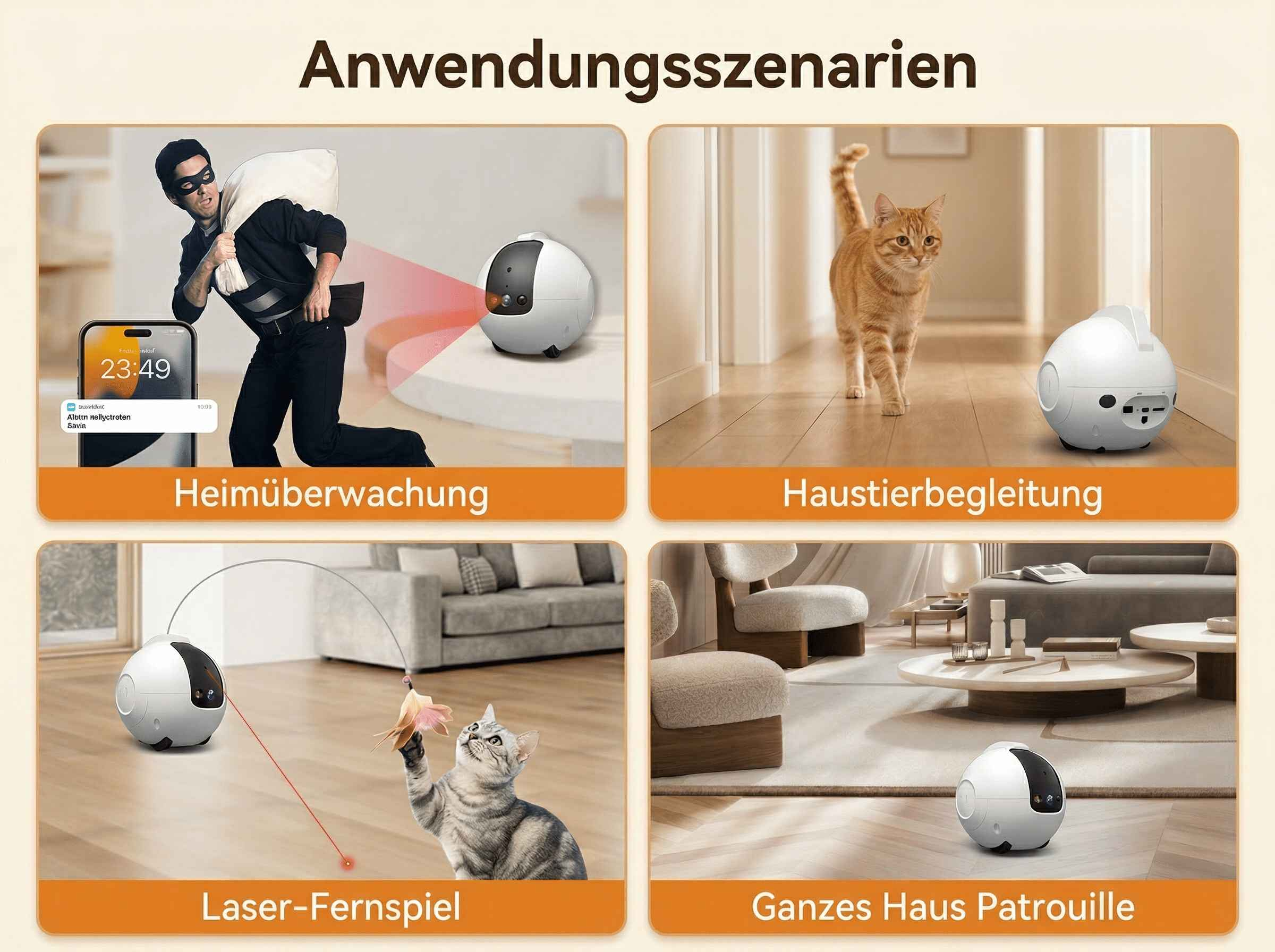 Vier Szenarien: Einbrecher, Katze, Laser-Spiel, Hausrundgang.