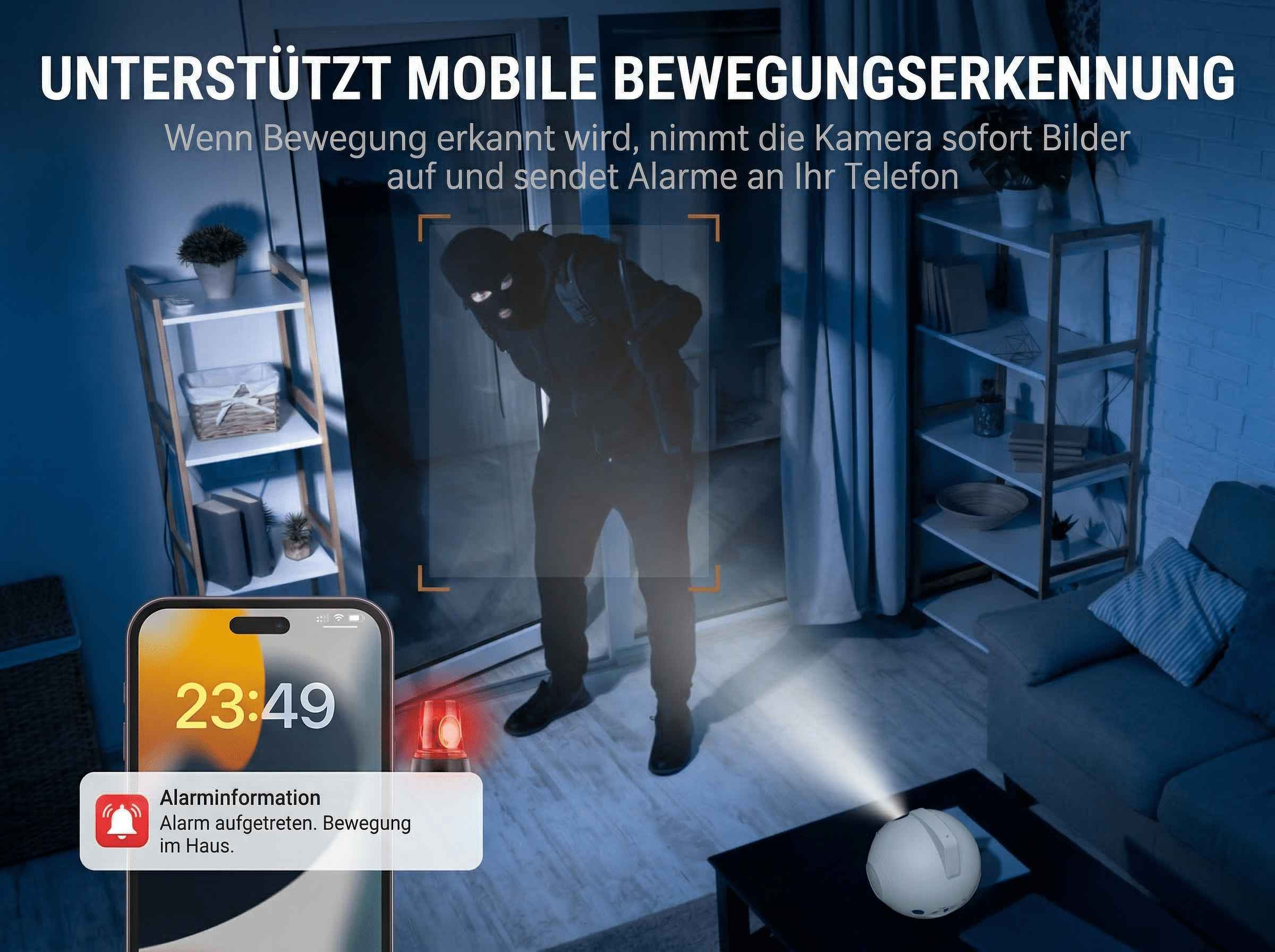 Einbrecher wird von Kamera erfasst. Handy zeigt Alarm an.
