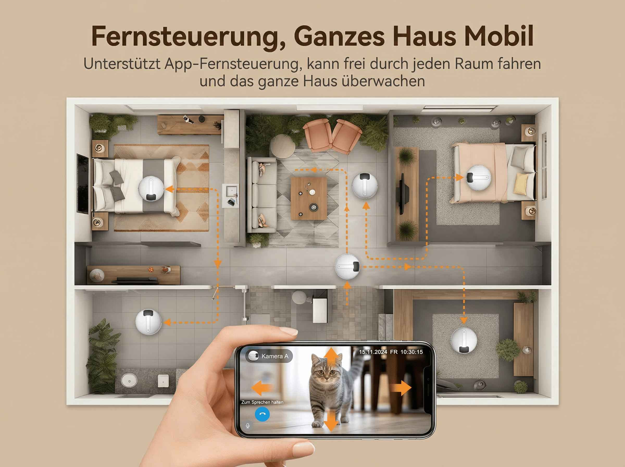App-gesteuerte Saugroboter in einem Hausplan, überwacht per Handy.