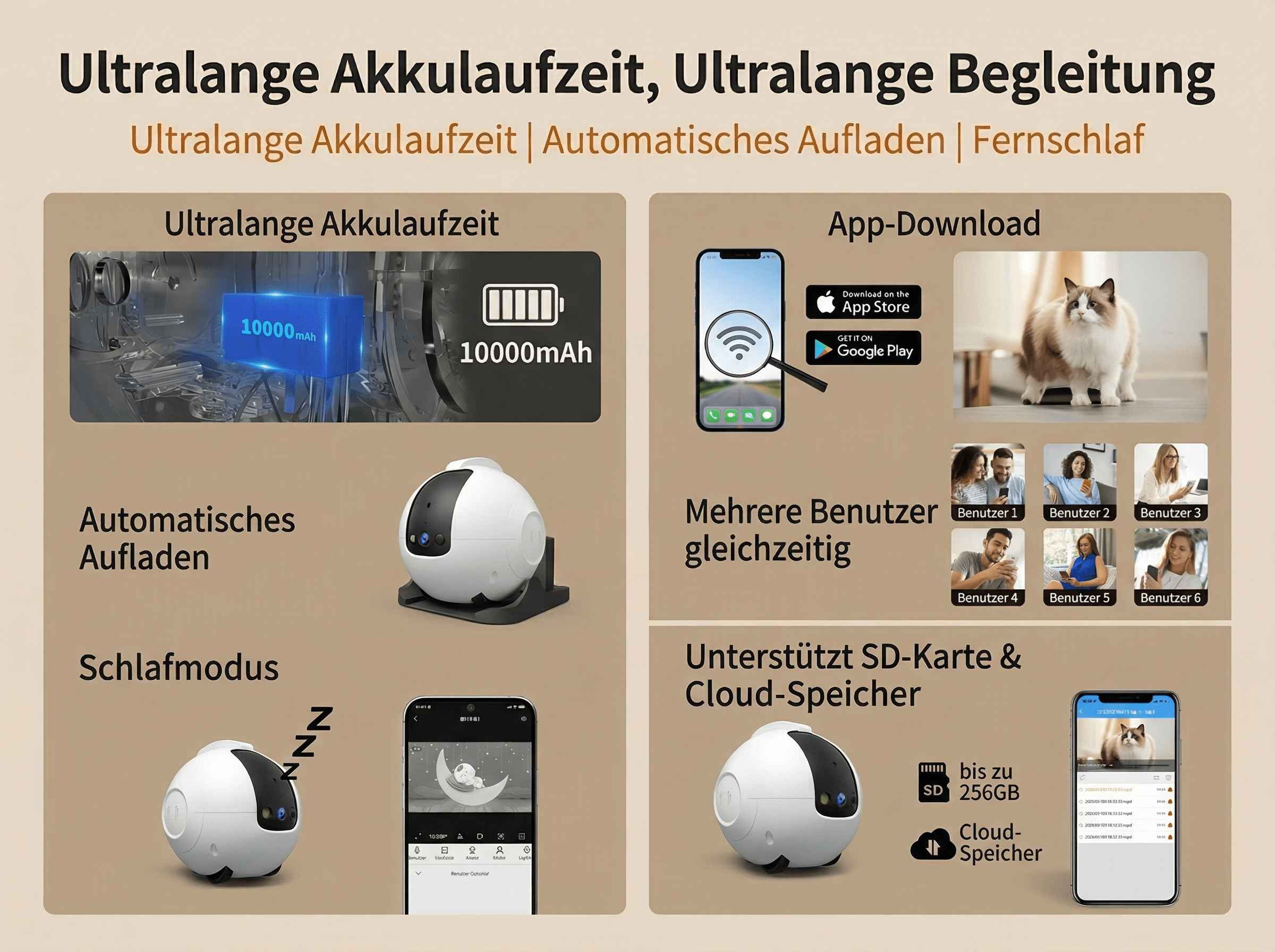 Produktübersicht mit Akku, App-Download, mehreren Nutzern und Speicheroptionen.
