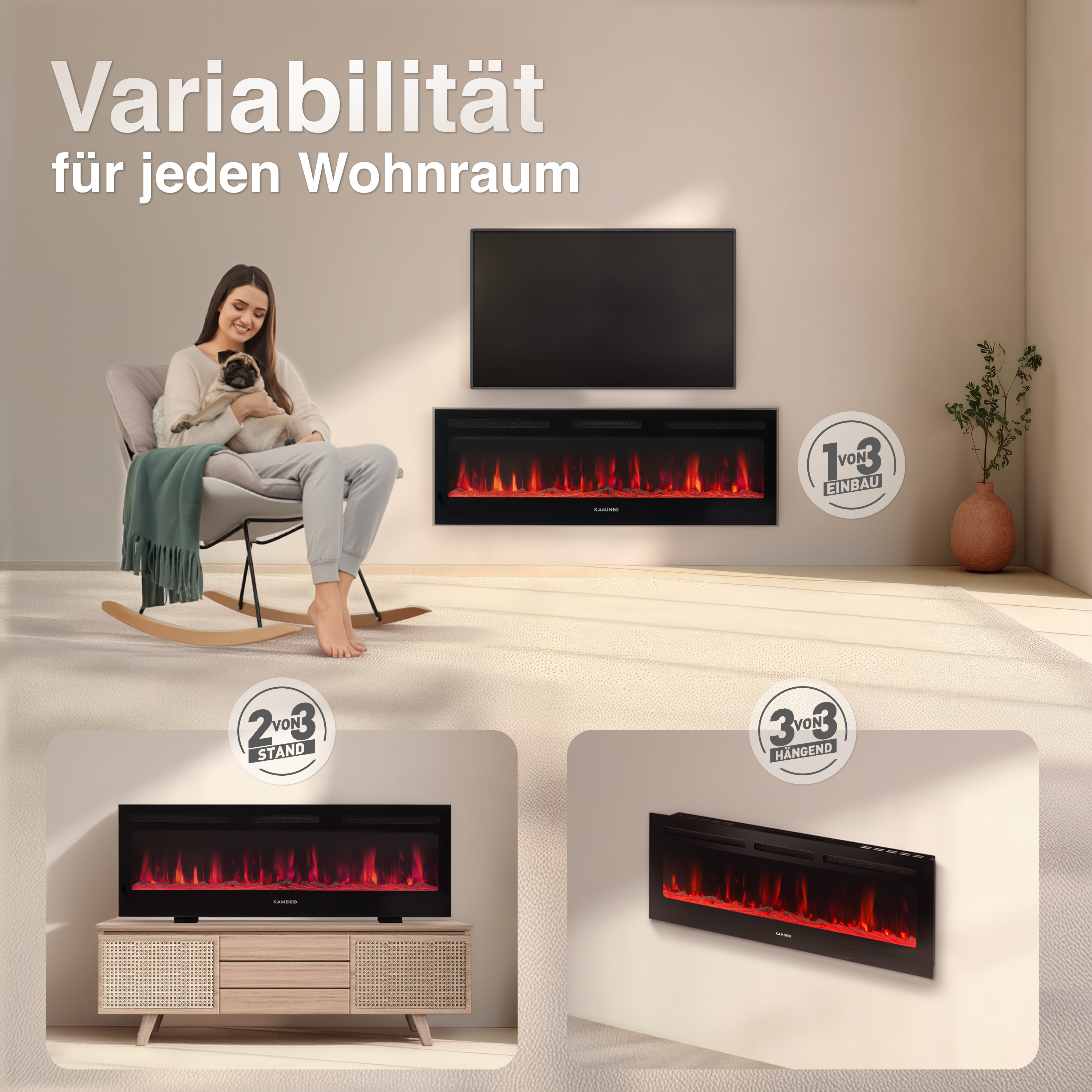 Frau hält Mops, Kaminöfen im Einbau-, Stand- und Hänge-Modus.