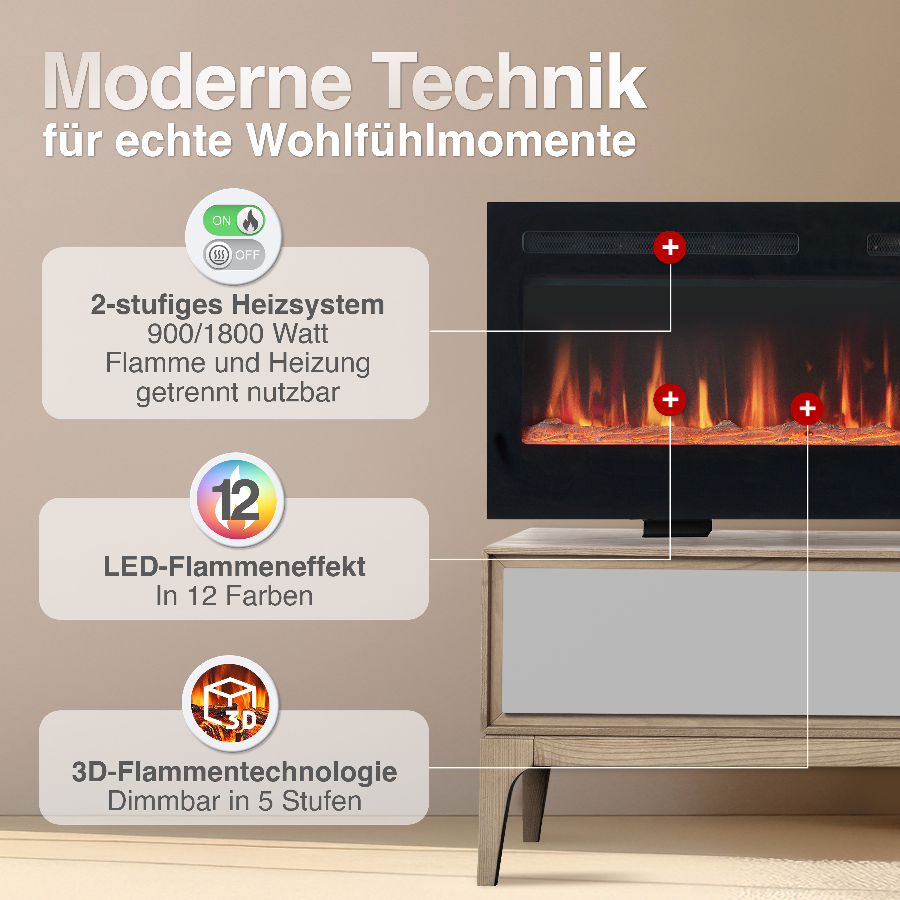 Elektrischer Kamin mit 2-stufigem Heizsystem, 12 LED-Farben und 3D-Flammeneffekt.