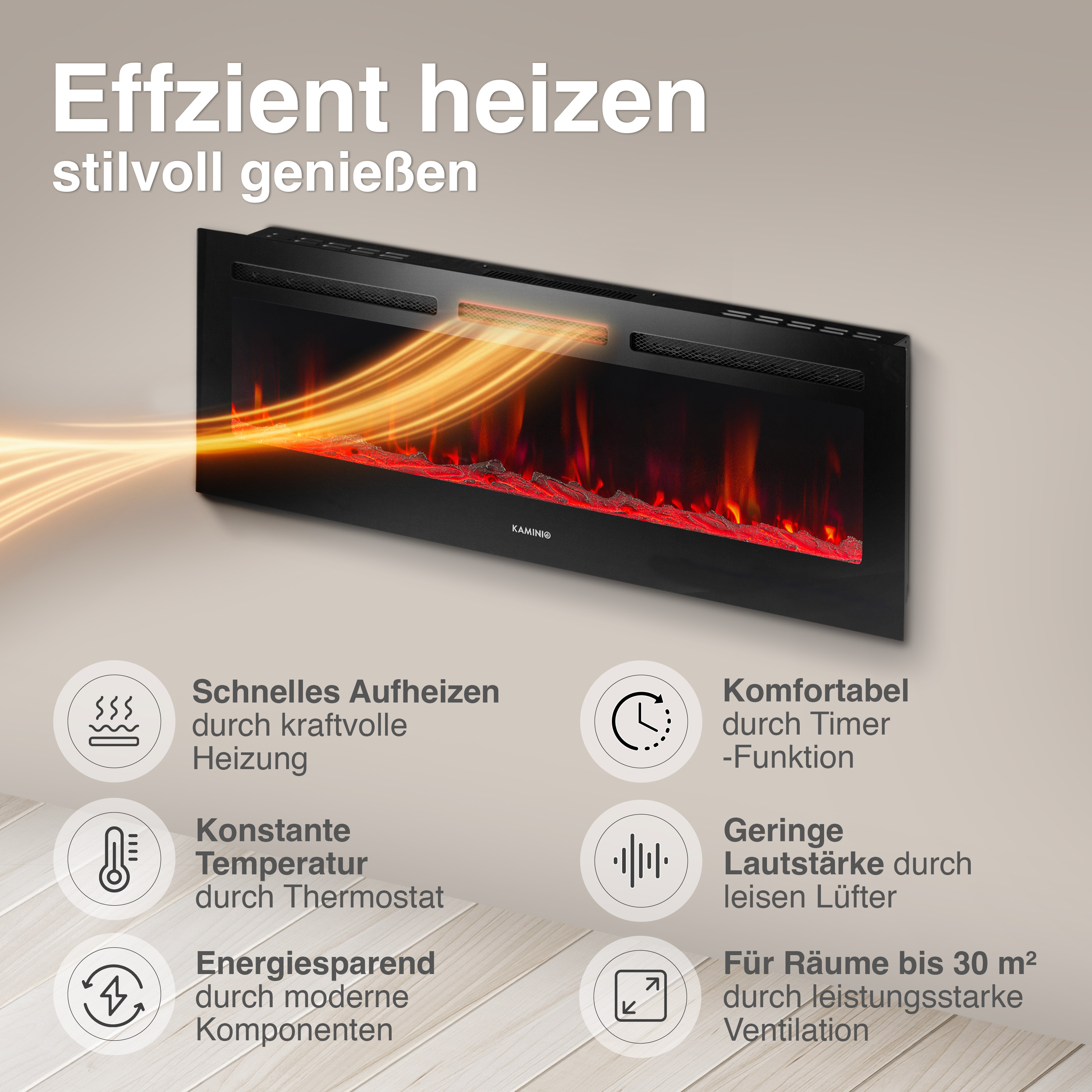 Ein moderner schwarzer Elektrokamin mit Flammen- und Wärme-Effekt.