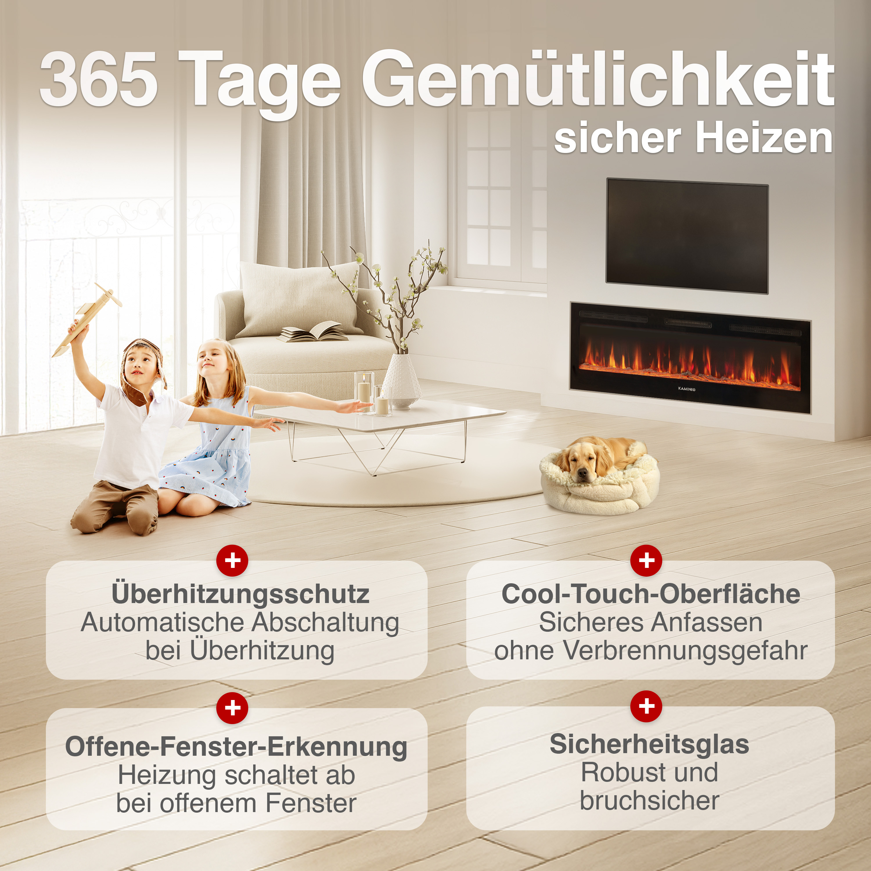 Kinder spielen mit Flugzeug vor Kamin, Hund schläft.
