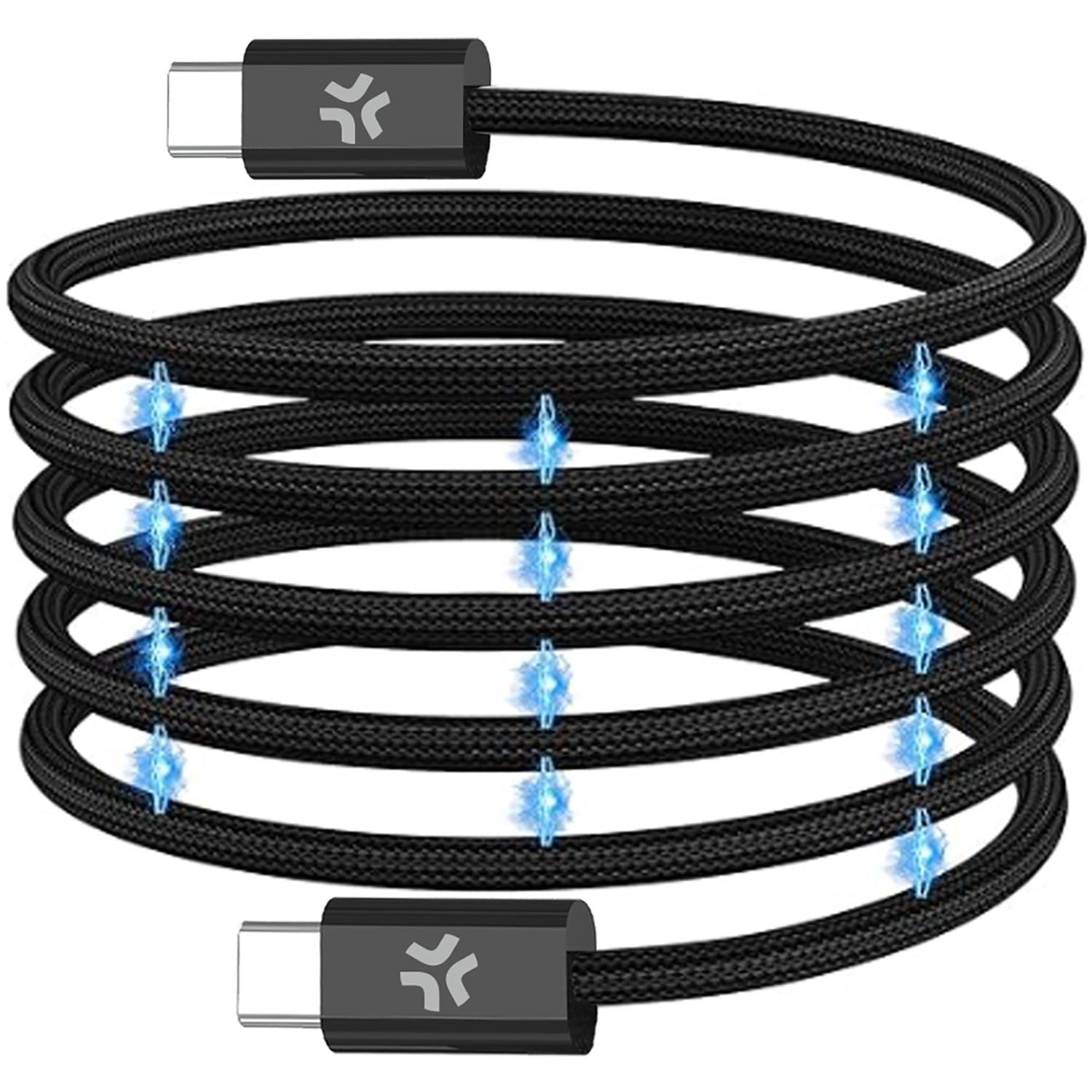 Un cable USB-C negro con luces y conectores azules.