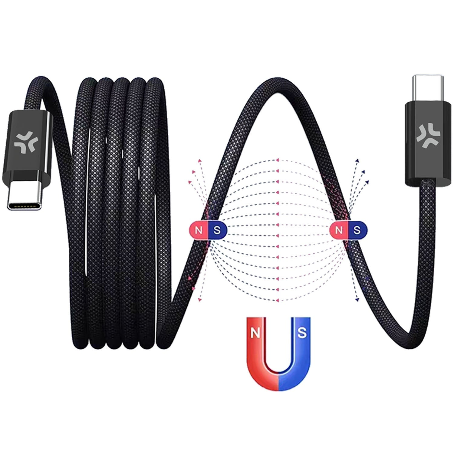 Cable USB-C negro con imanes y líneas de campo, mostrando una conexión magnética.