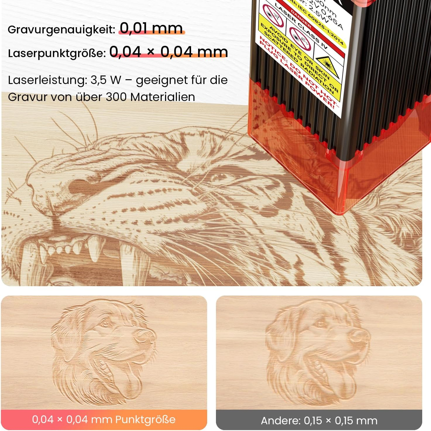 Laser-Gravurmodul mit Tigerkopf und Hundegravuren.
