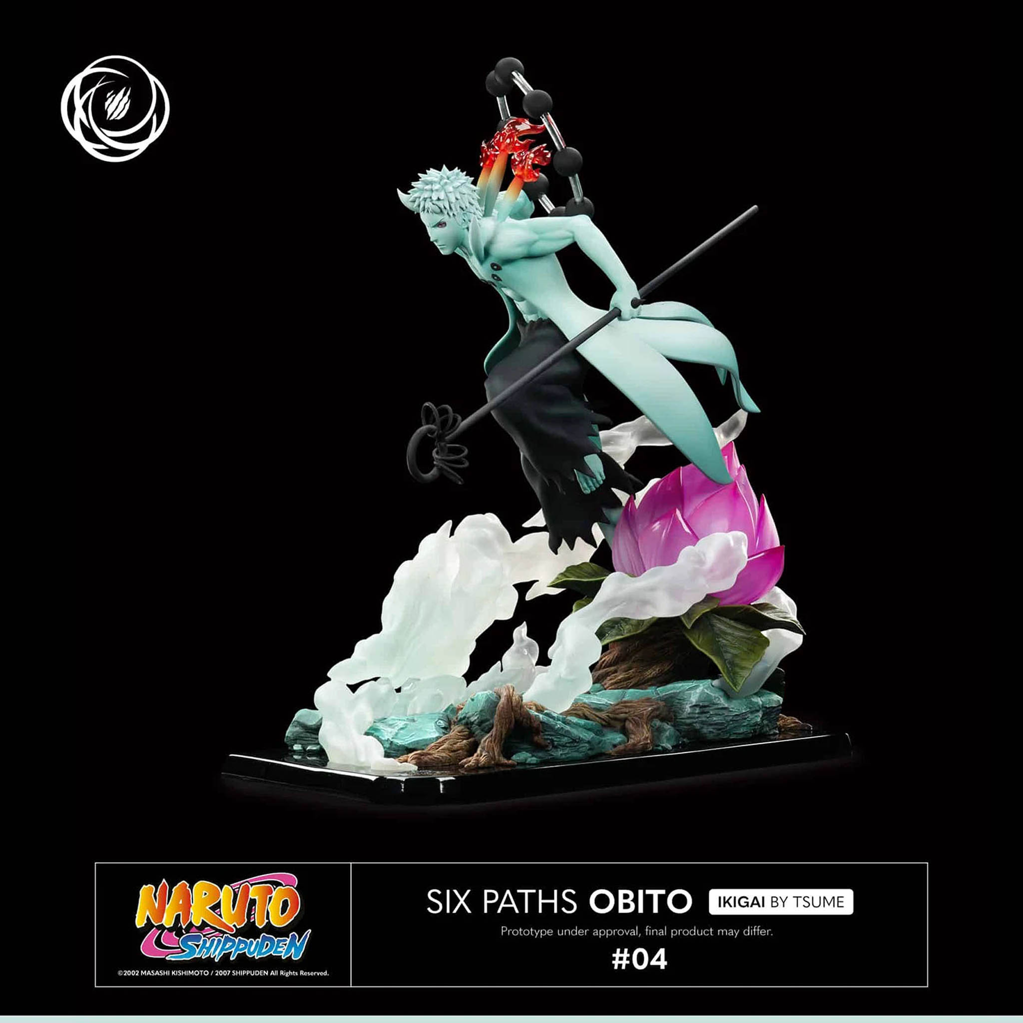 Eine Figur von Six Paths Obito mit leuchtenden Augen und Hörnern, die einen Stab hält.