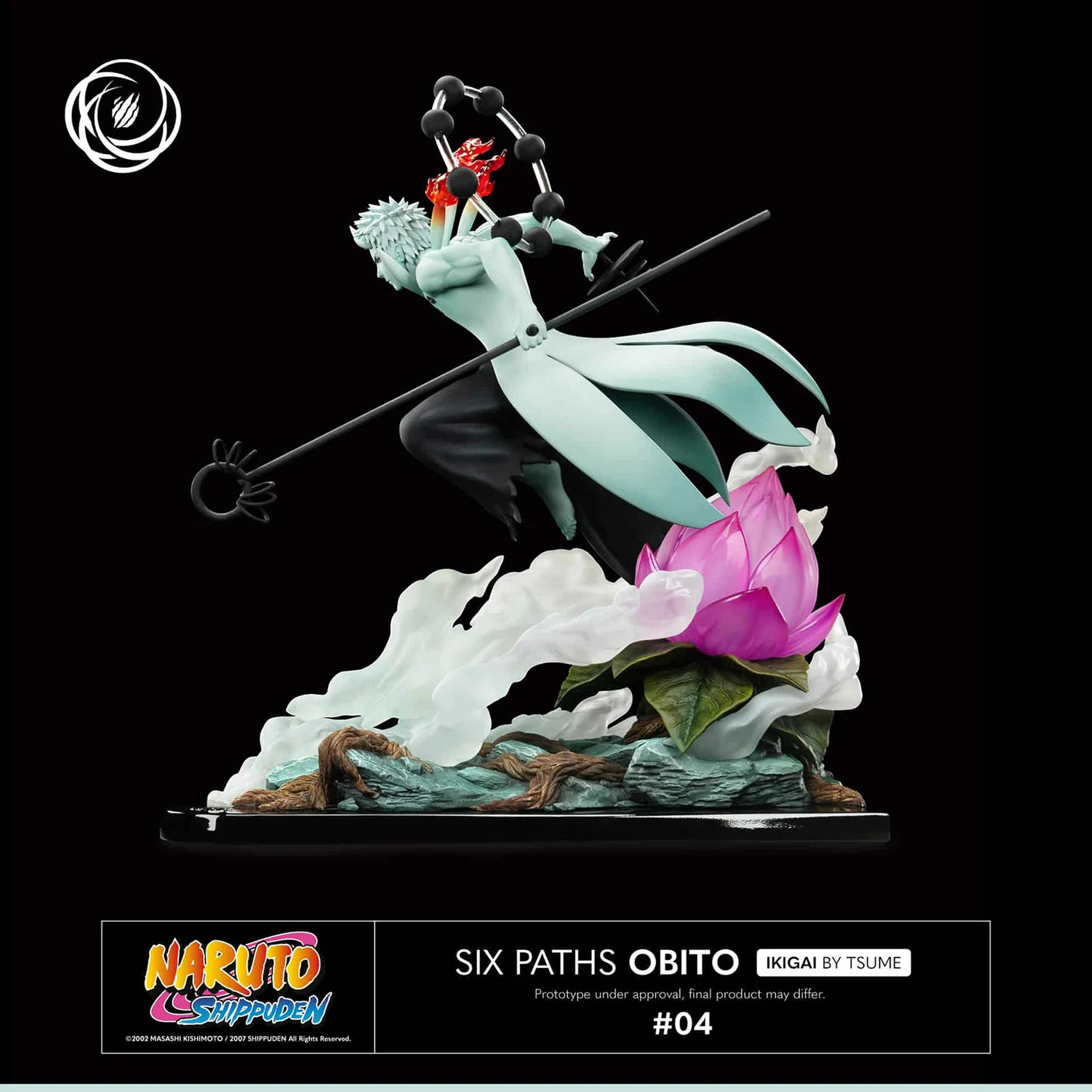 Eine Figur von Six Paths Obito mit einem Stab und einem rosa Lotus.