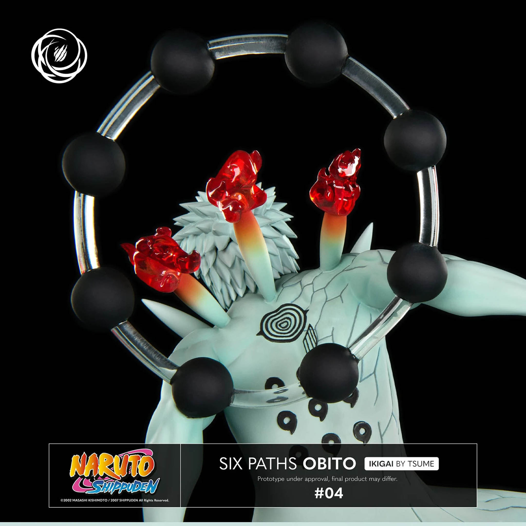 Eine Figur von Six Paths Obito aus Naruto, mit roten Flammen und schwarzen Kugeln.