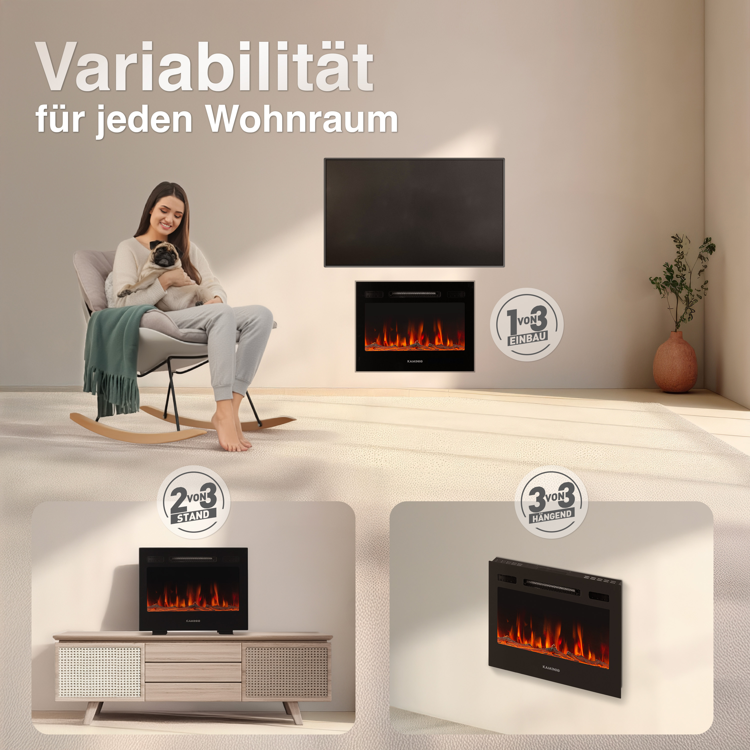 Ein Wohnzimmer mit elektrischem Kamin in drei Varianten: Einbau, Stand und Wandmontage.