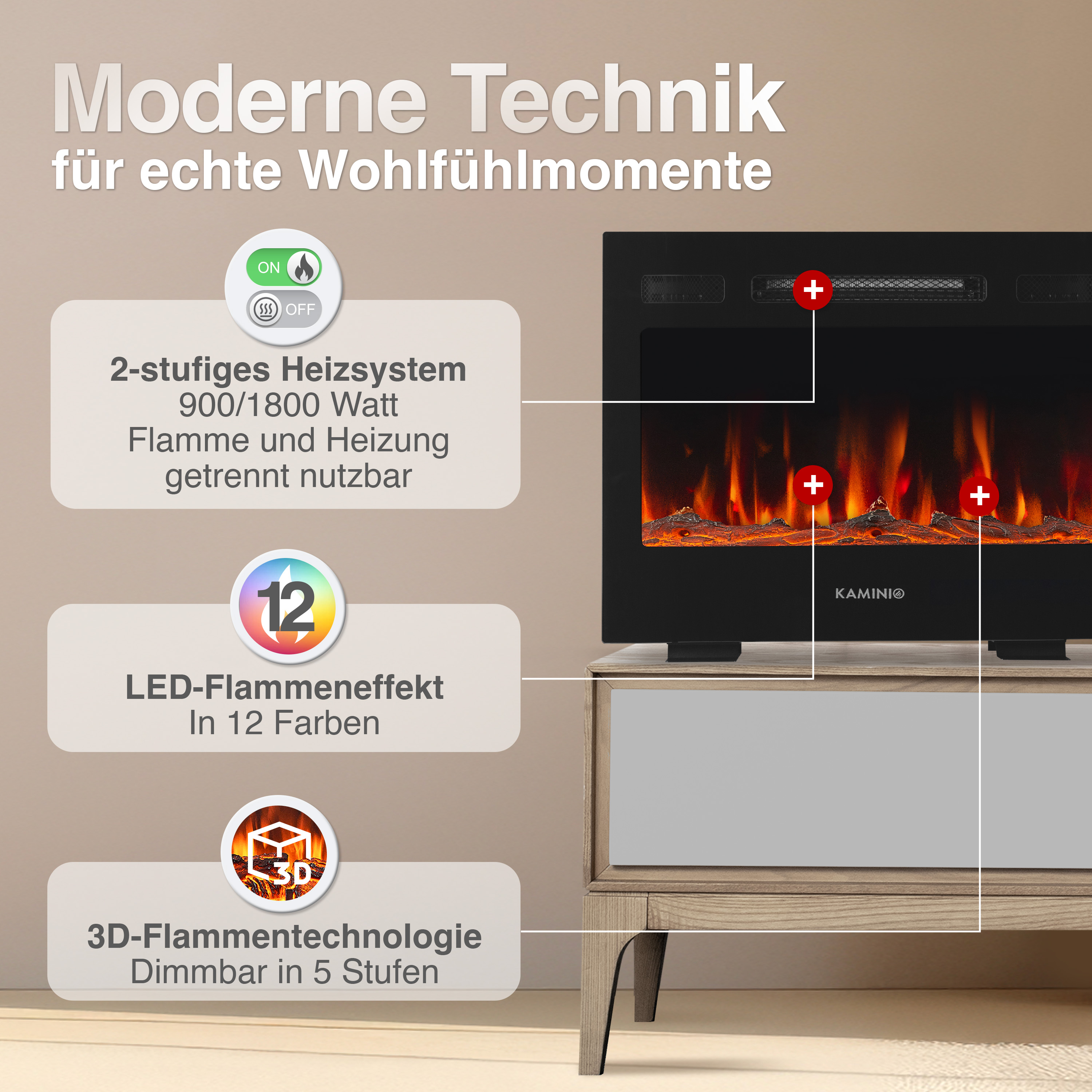 Moderner Kamin mit Flammen- und Heizfunktion, 12 LED-Farben, 3D-Technologie.