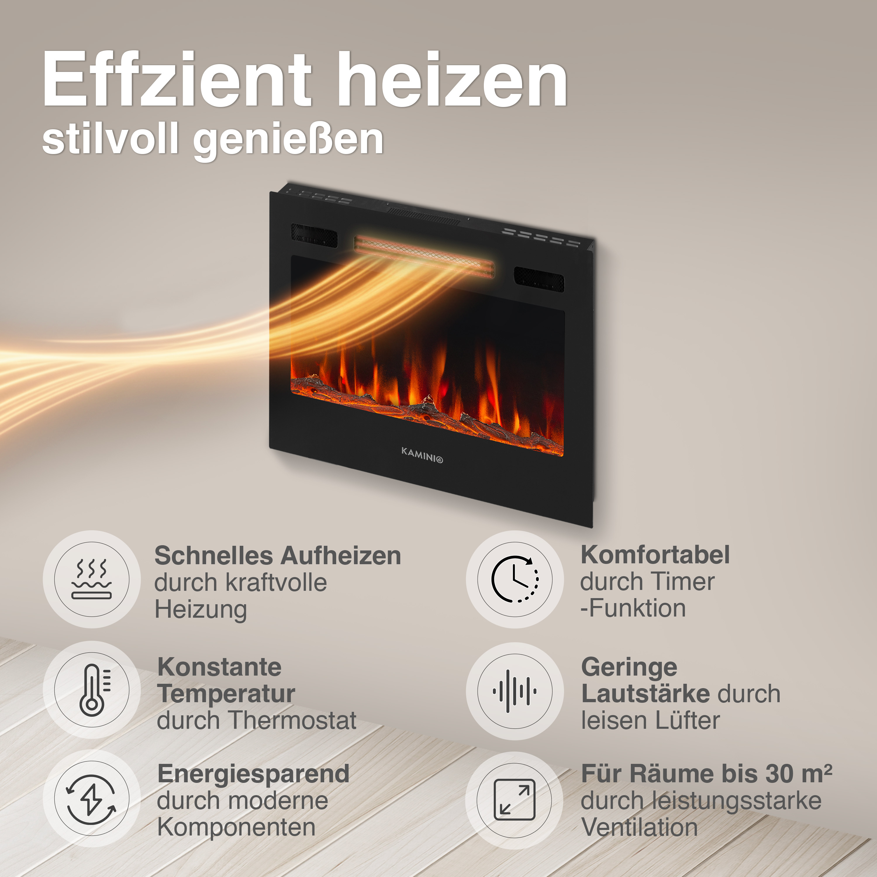 Ein moderner Elektrokamin mit Flammen- und Wärme-Effekt.