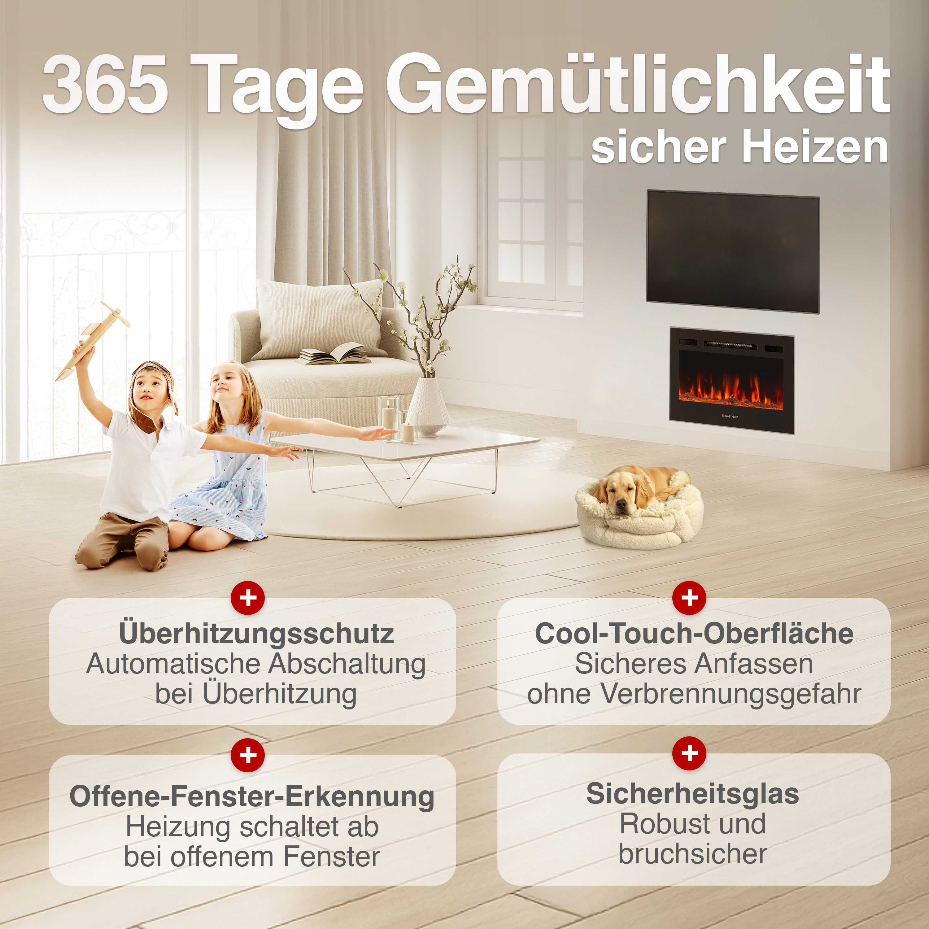 Ein Wohnzimmer mit Kamin, Fernseher, Kindern und Hund. Mit Textboxen zu Features.