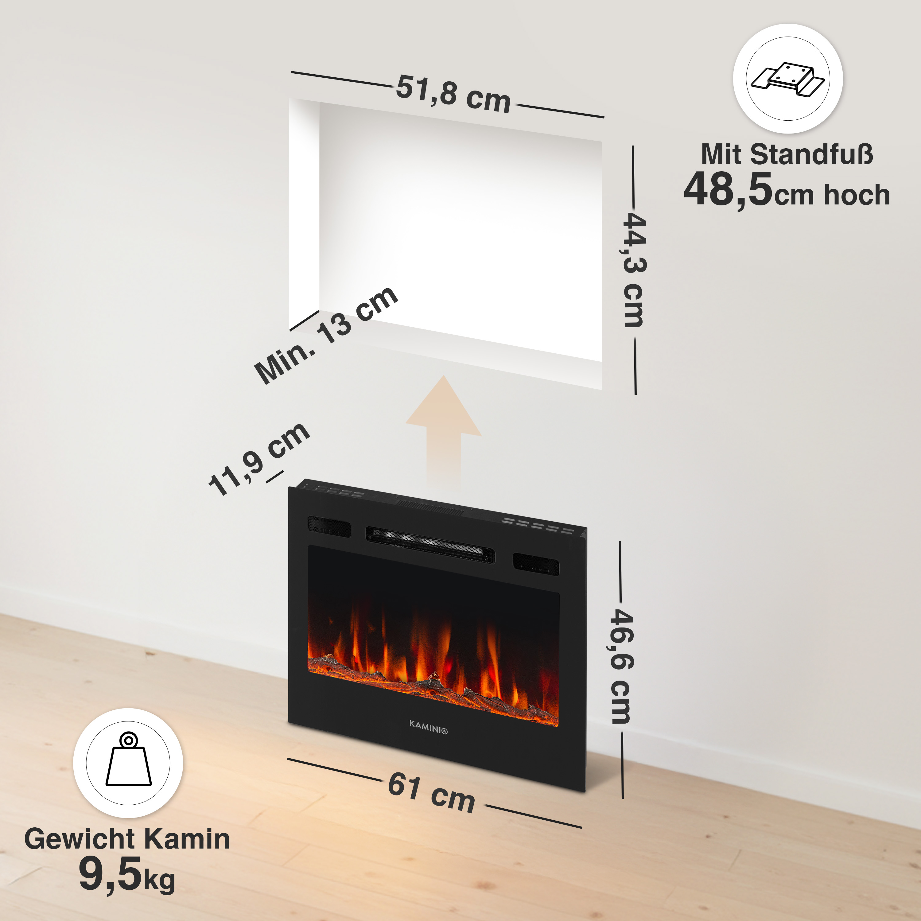 Schwarzer Elektrokamin mit Flammenoptik, Maße 61x46,6x11,9cm.