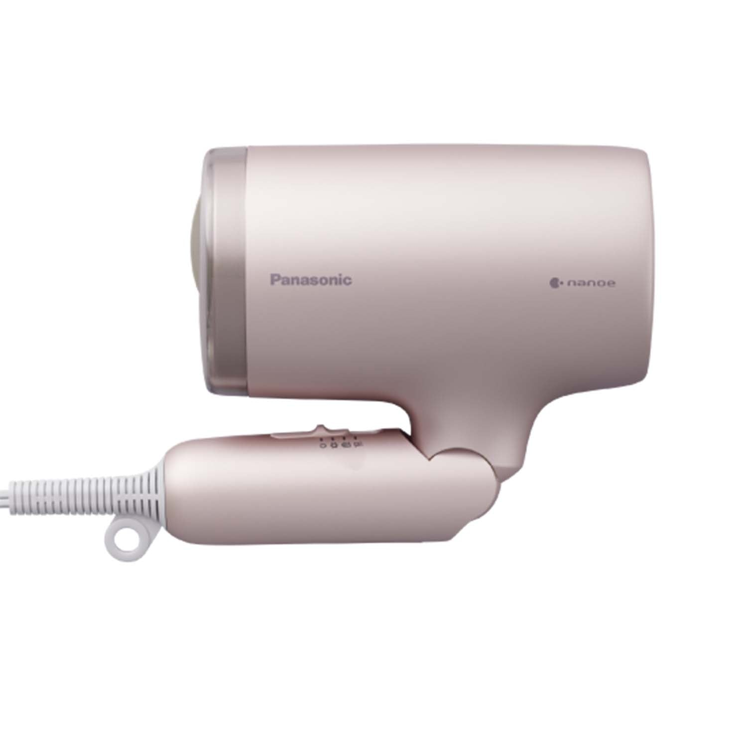 Un asciugacapelli Panasonic color oro rosa con tecnologia nanoe su sfondo bianco.