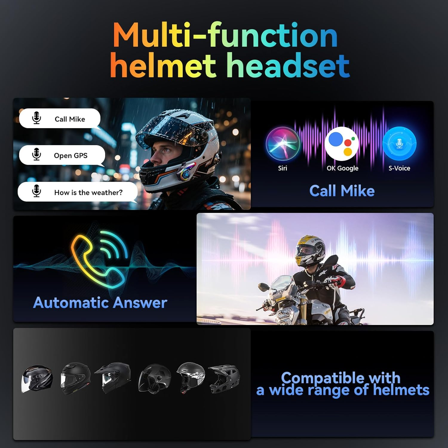 Multifunktions-Helm-Headset mit Sprachbefehlen, automatischer Antwort & Kompatibilität.