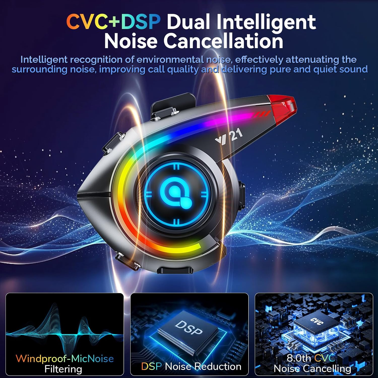 Graues Headset mit bunten Lichtern und Text über Geräuschunterdrückung.