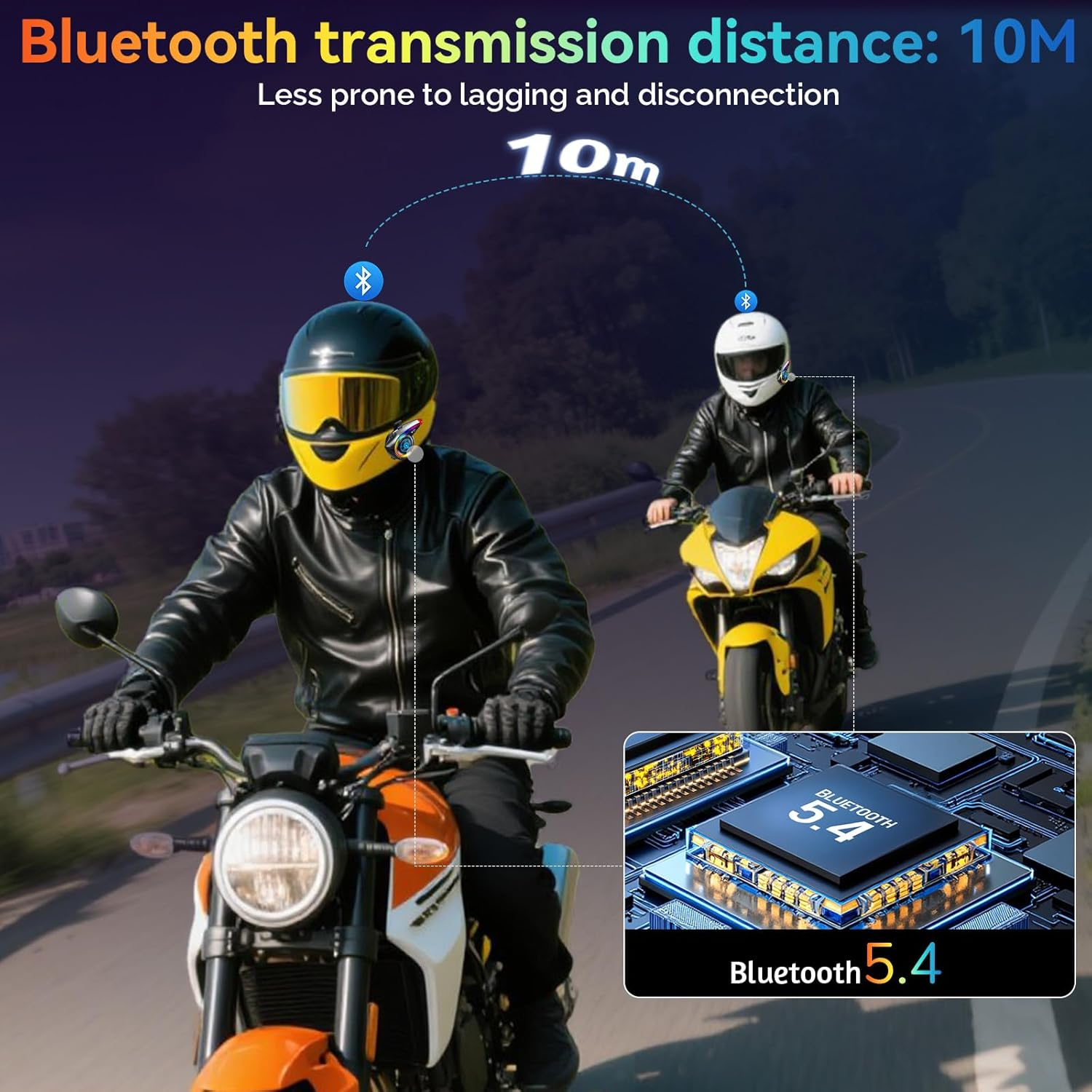 Zwei Motorradfahrer mit Bluetooth 5.4-Technologie auf einer Straße.