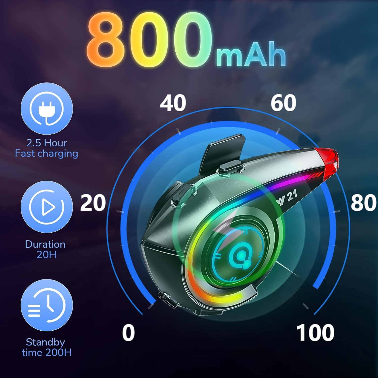 Ein futuristisches Gerät mit 800 mAh Kapazität, Ladeanzeige und Icons für Ladezeit.
