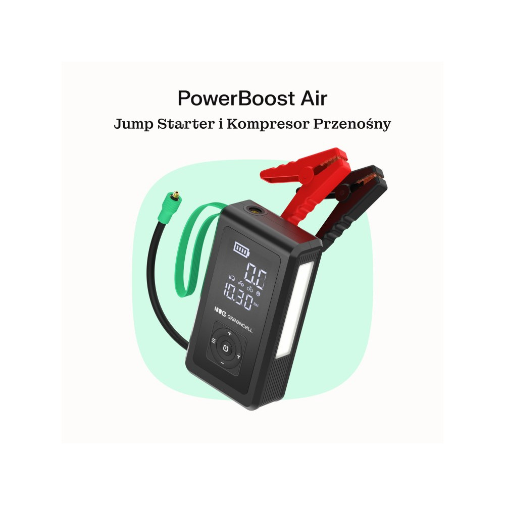 Czarny PowerBoost Air z czerwonymi i czarnymi klemami, wyświetlacz pokazuje 0.0 i 10.30.